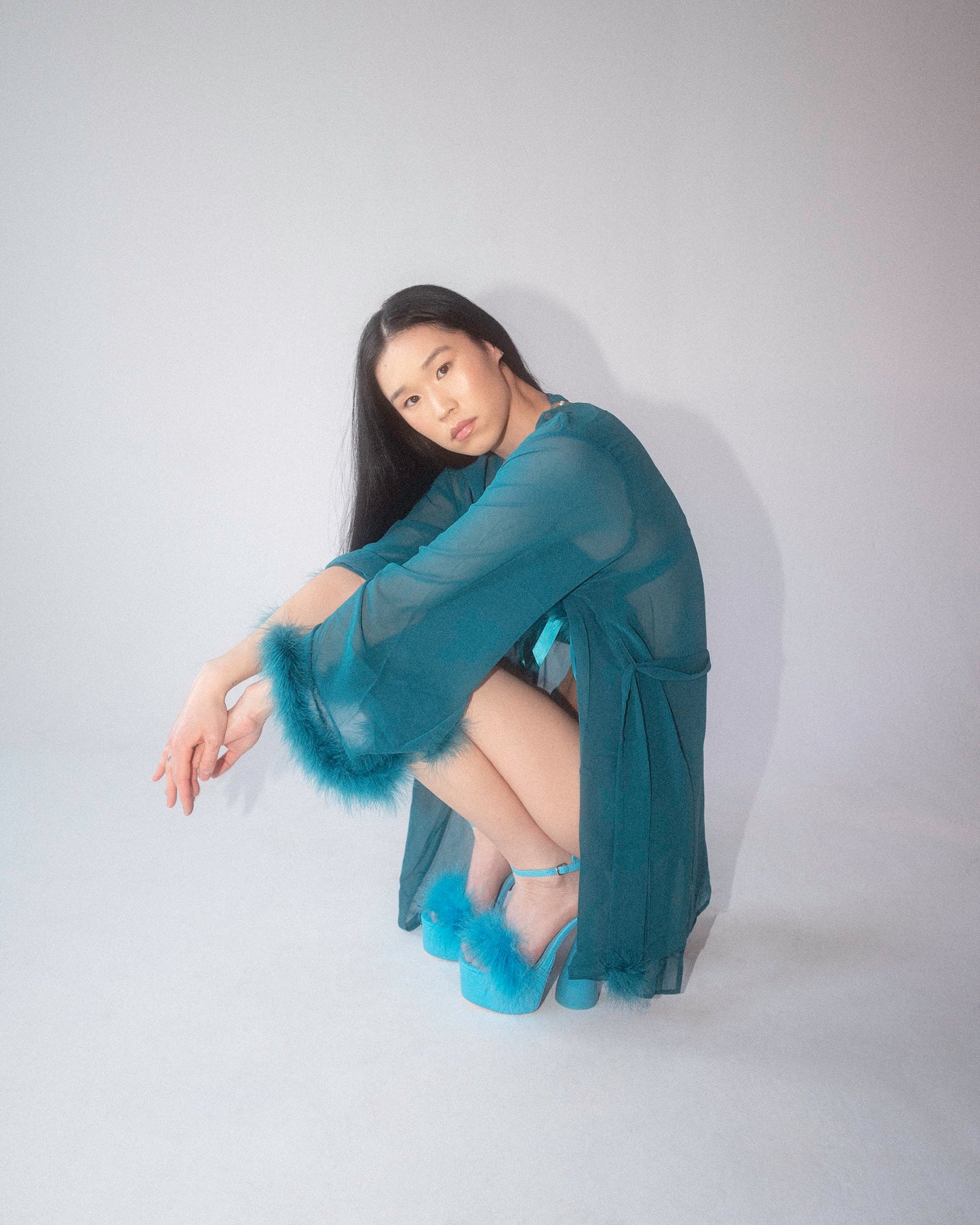 Teal Feather Trim Robe - sizes 4-16