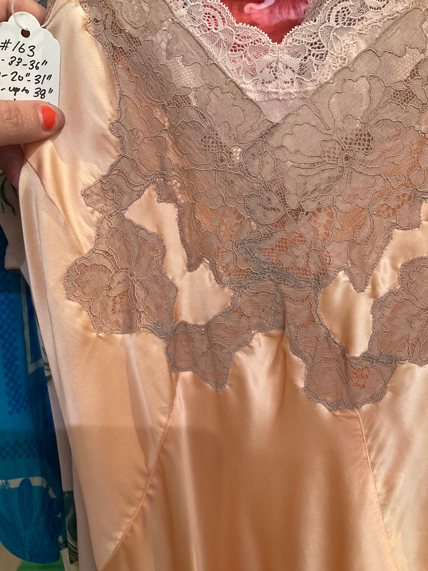 #163 DEADSTOCK Peach Silk and Lace 1930's Bias Cut Slip By Seamprufe - S/M+