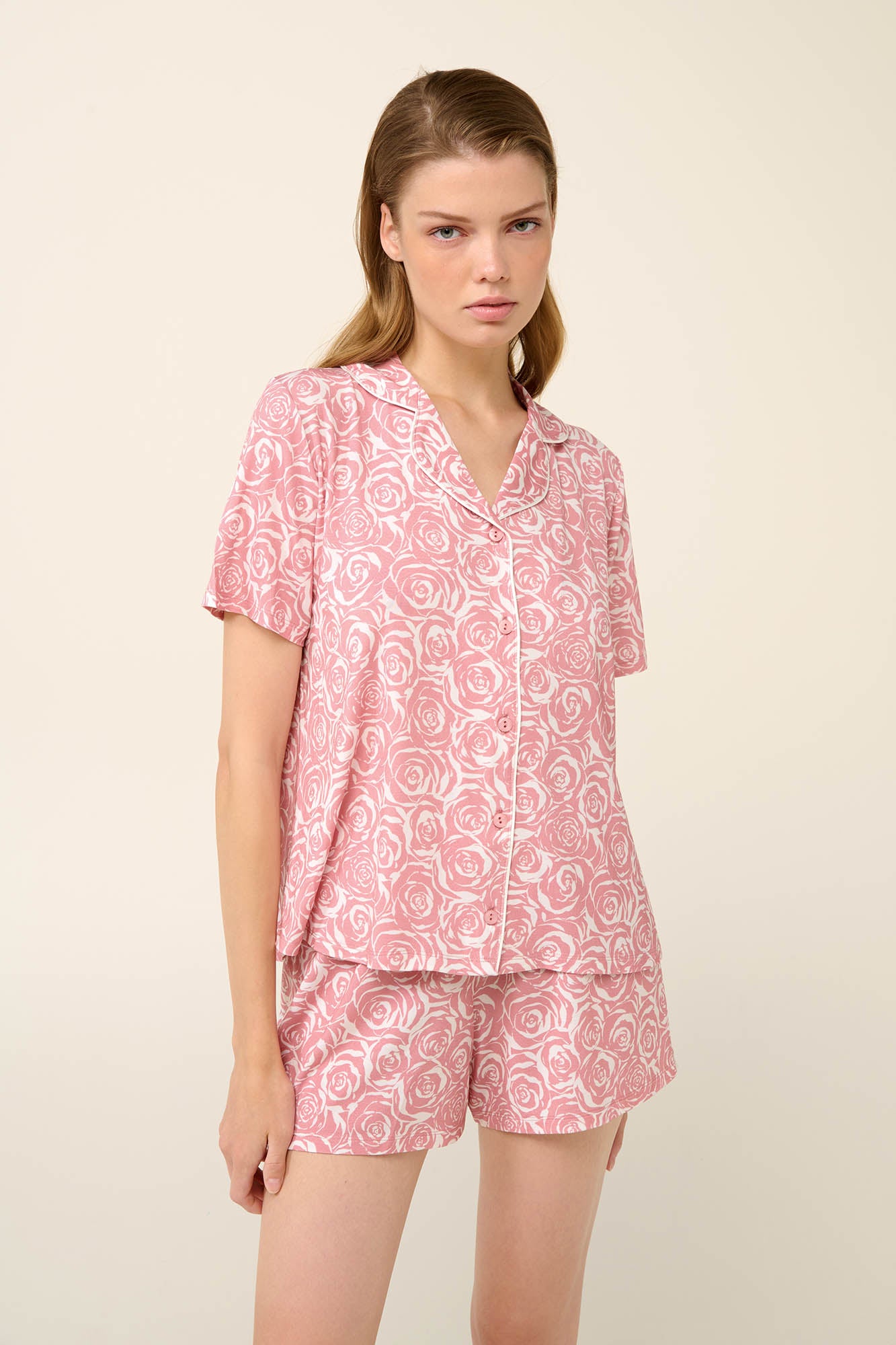 Pink Roses Jersey Shorts & Button Top PJ set By Vamp - S-2XL