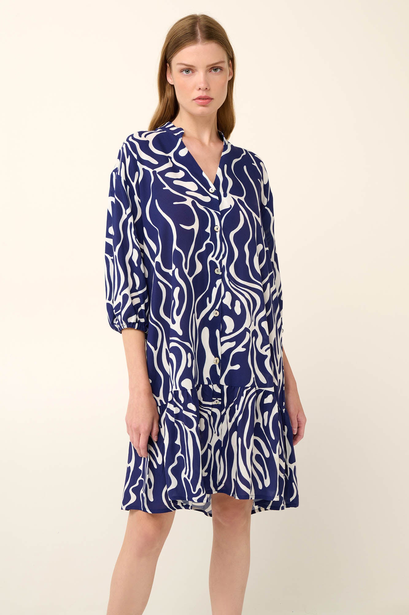Button Down Poplin Blue Abstract Print Summer Dress By Vamp - S-2XL