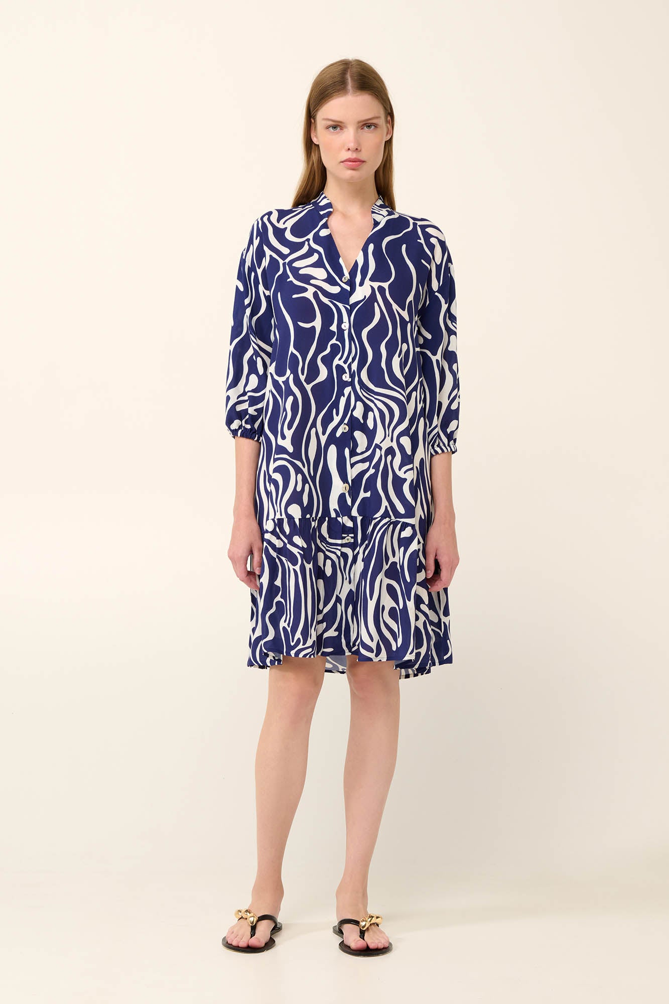 Button Down Poplin Blue Abstract Print Summer Dress By Vamp - S-2XL