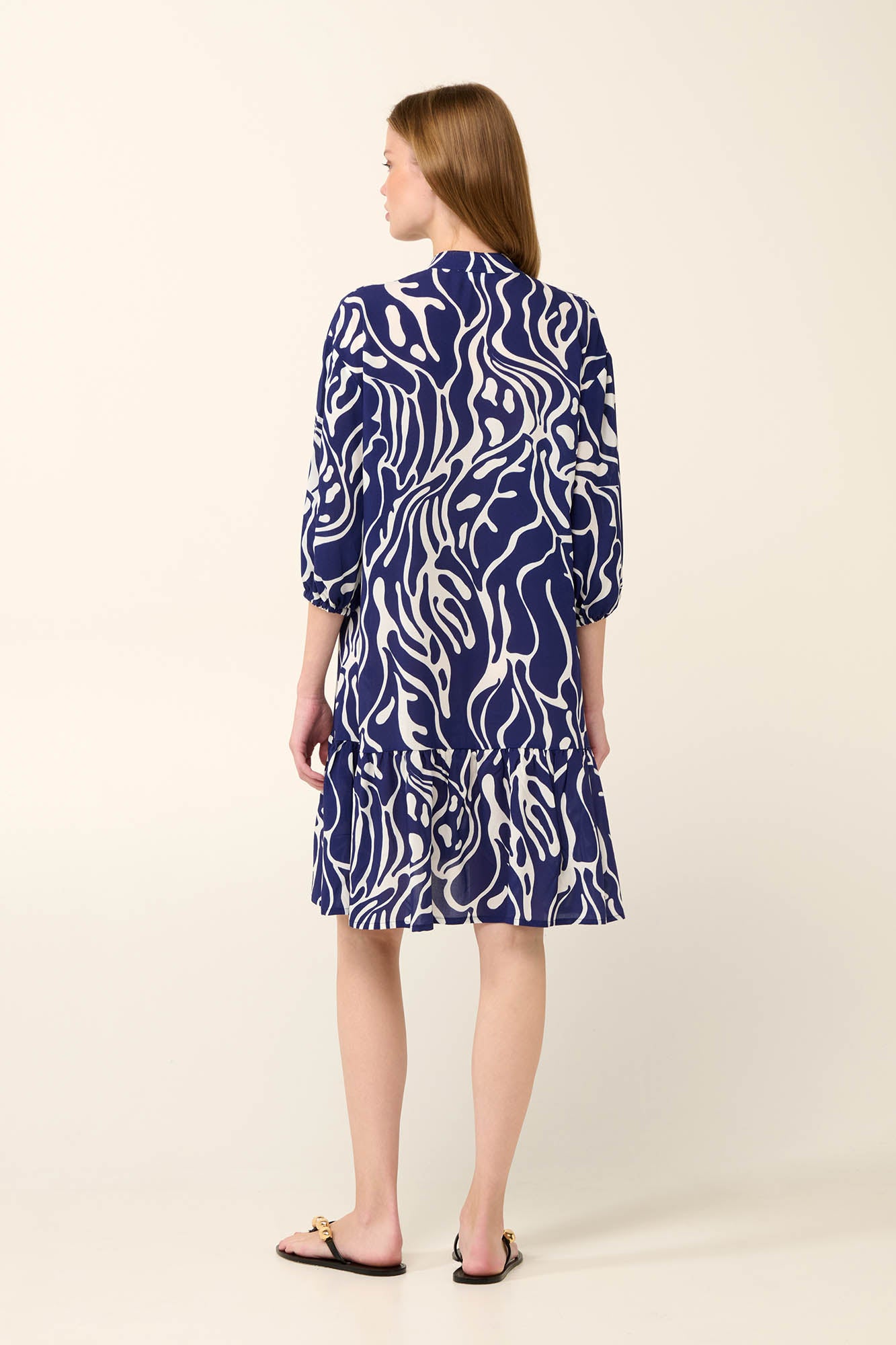 Button Down Poplin Blue Abstract Print Summer Dress By Vamp - S-2XL