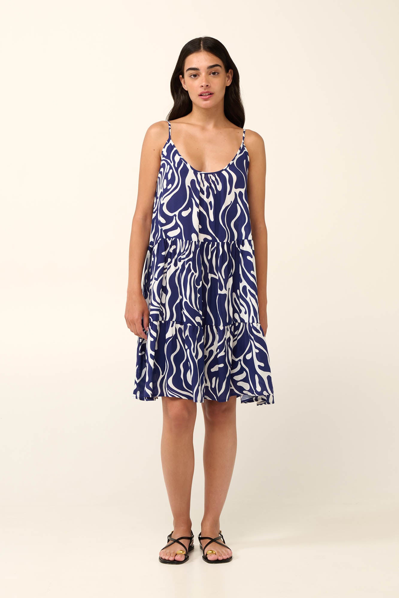 Poplin Blue Abstract Print Summer Dress with Straps By Vamp - S-2XL(+)