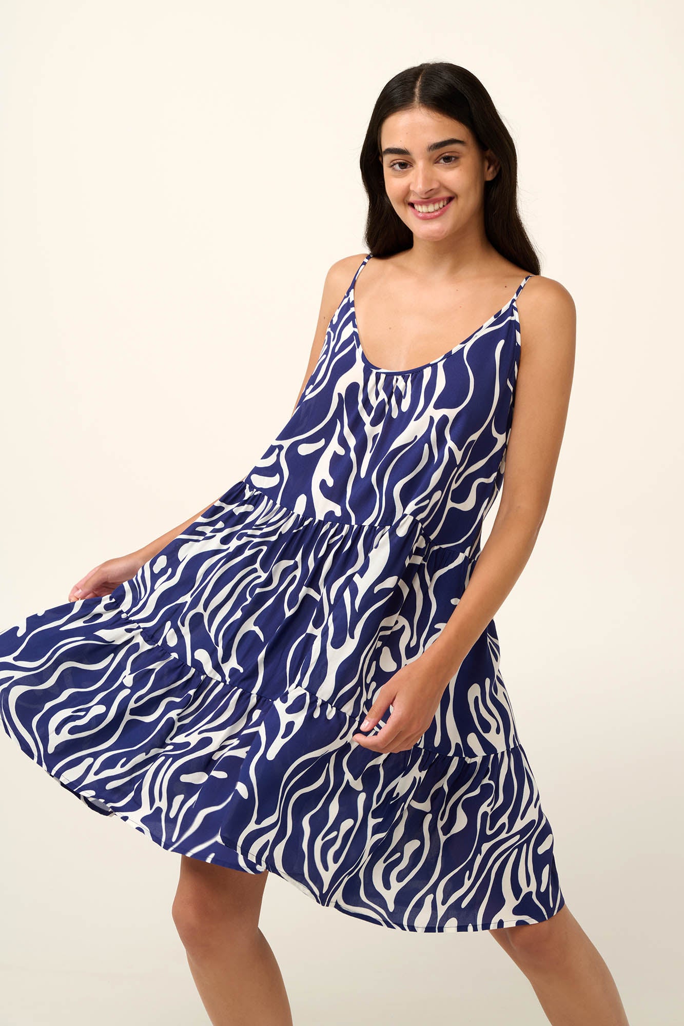 Poplin Blue Abstract Print Summer Dress with Straps By Vamp - S-2XL(+)