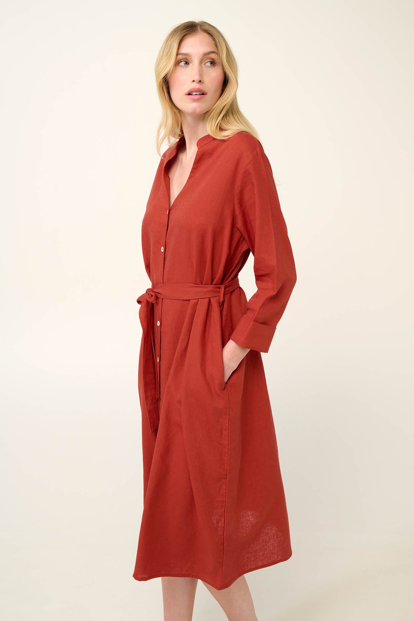 Linen Button Down Summer Dress in Red Chili By Vamp - S-2XL(+)
