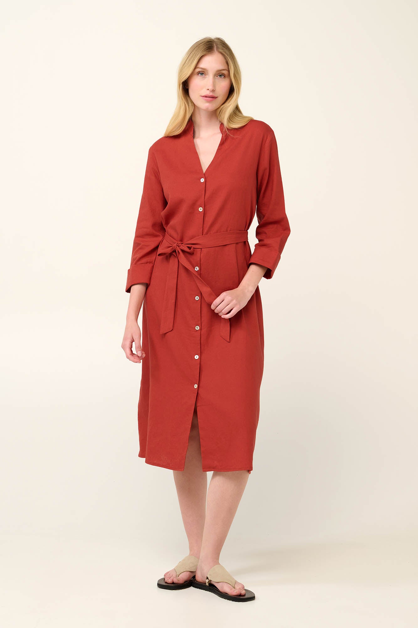 Linen Button Down Summer Dress in Red Chili By Vamp - S-2XL(+)