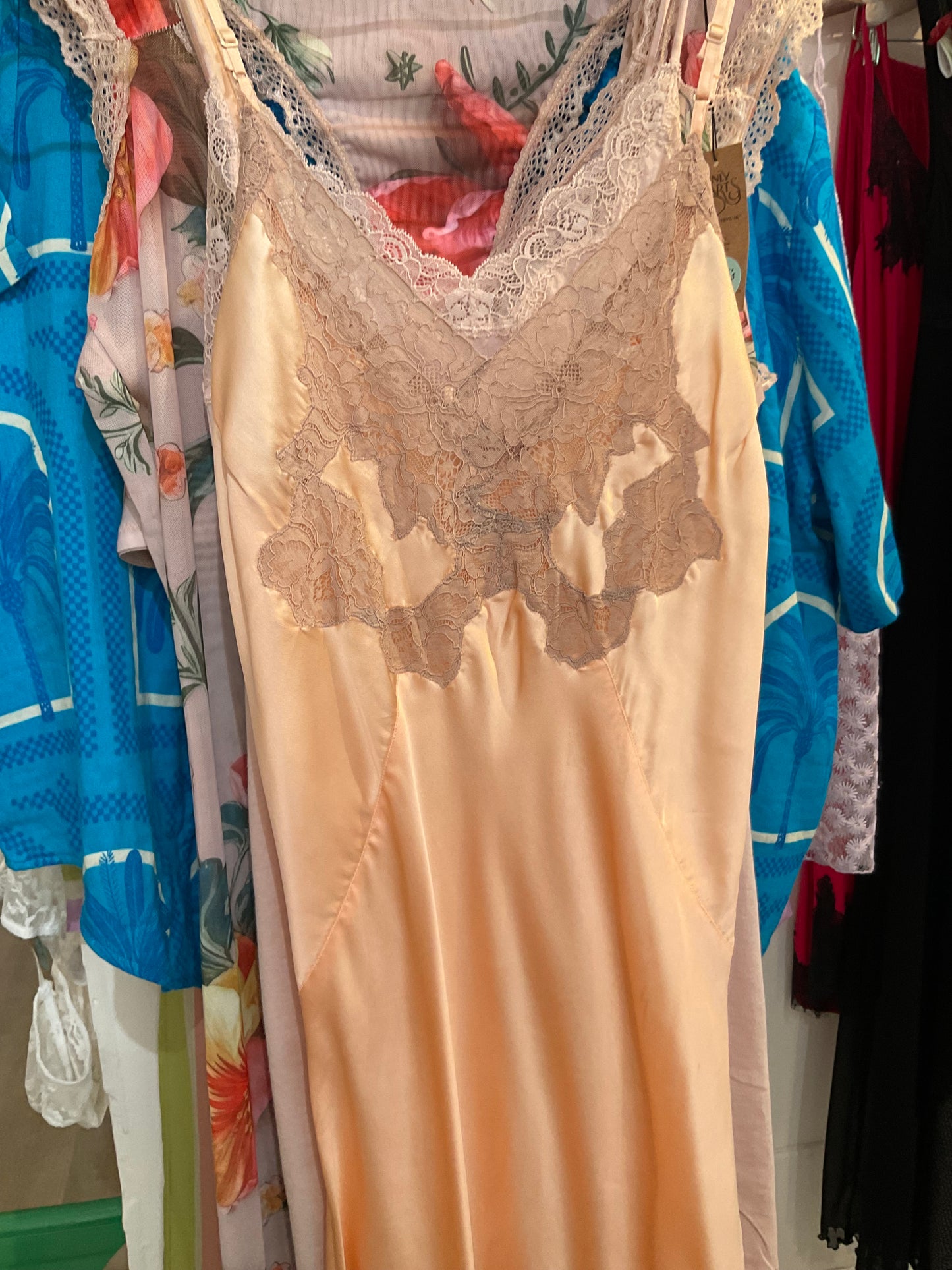 #163 DEADSTOCK Peach Silk and Lace 1930's Bias Cut Slip By Seamprufe - S/M+