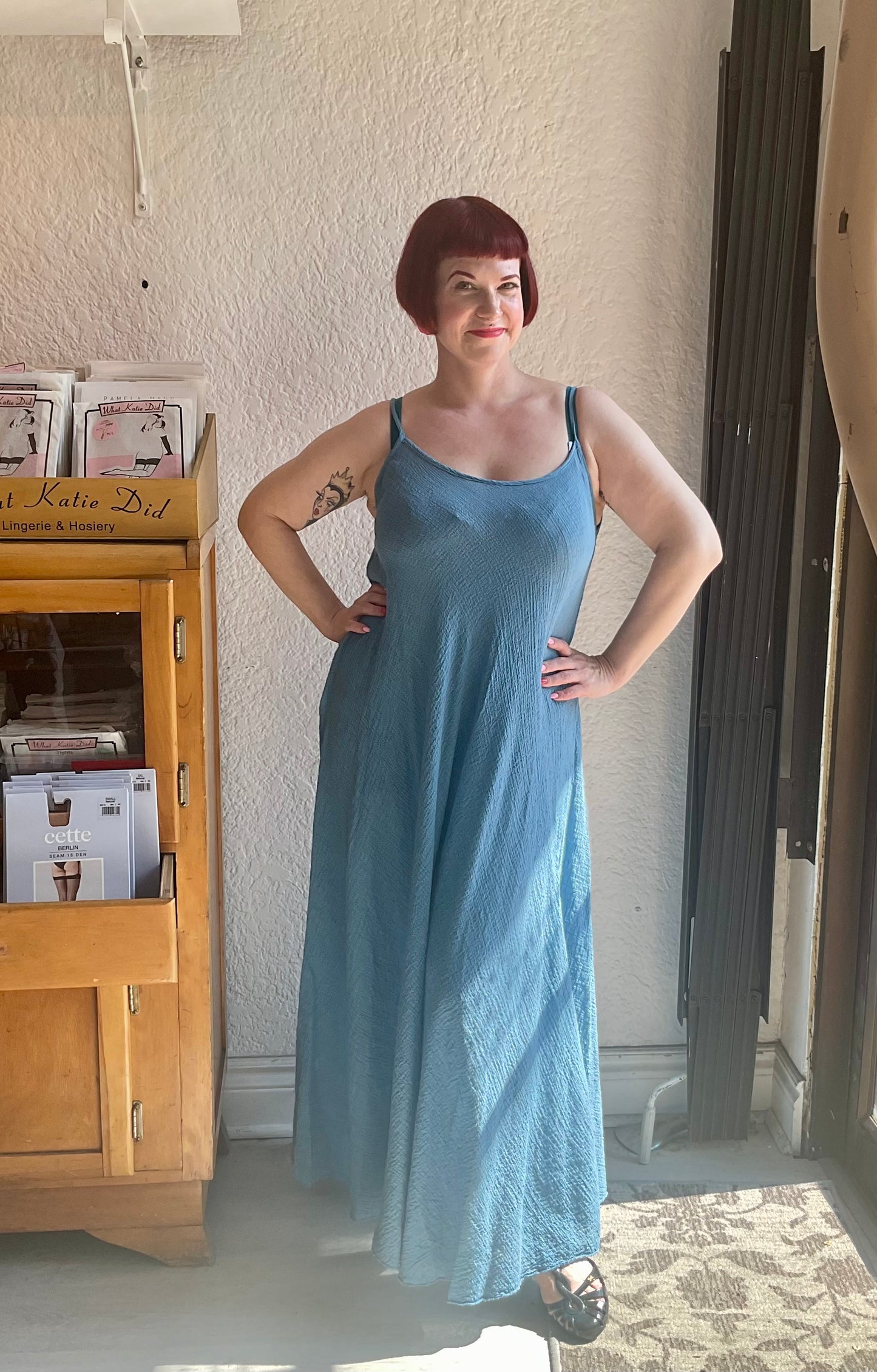 Crinkle Cotton Long Dress in Fuchsia, Turquoise & Denim By Eternelle - S-XL(++)