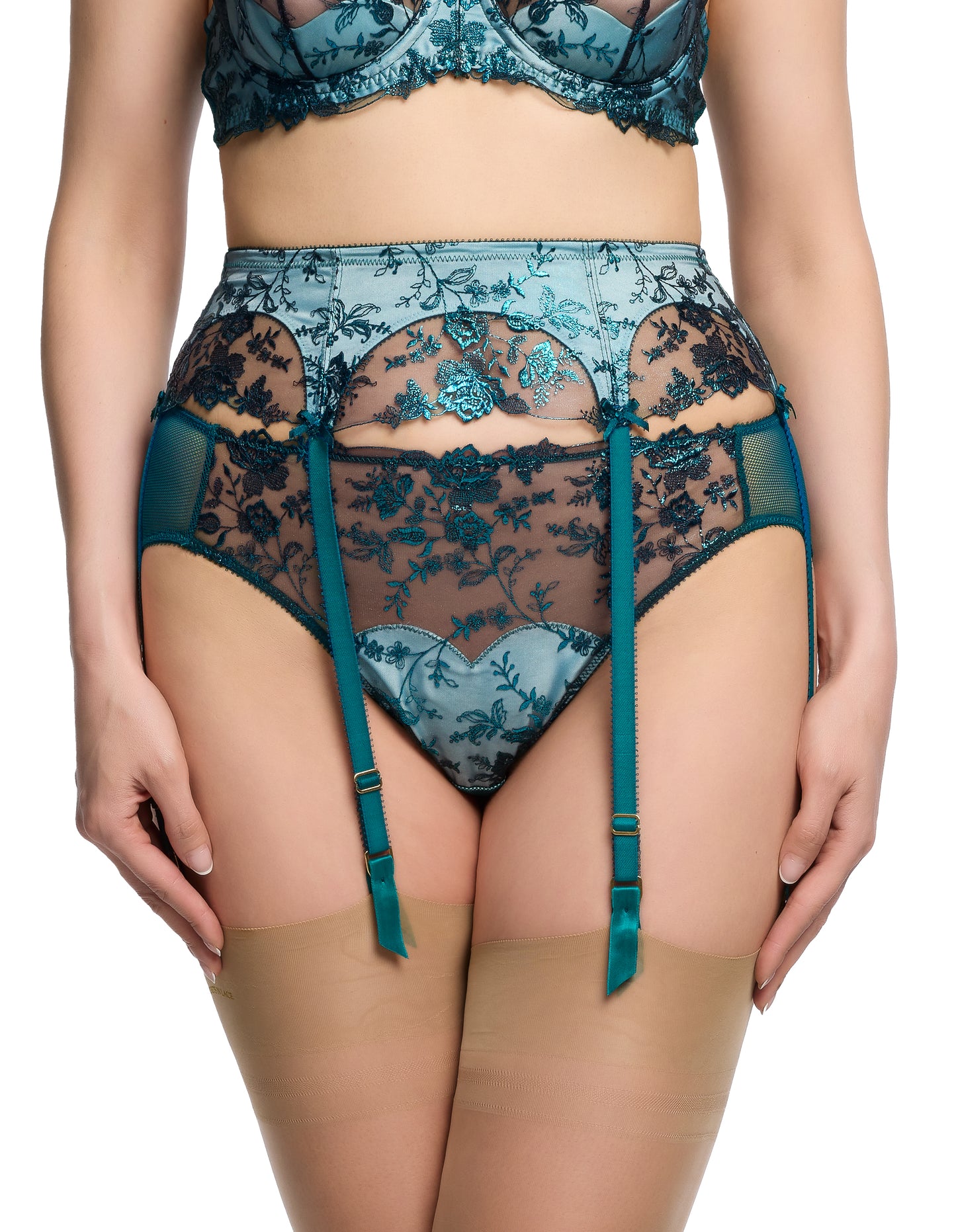 Victress Foil Six Strap Suspender Belt in "Kingfisher Blue" By Dita Von Teese Lingerie - sizes XS-L