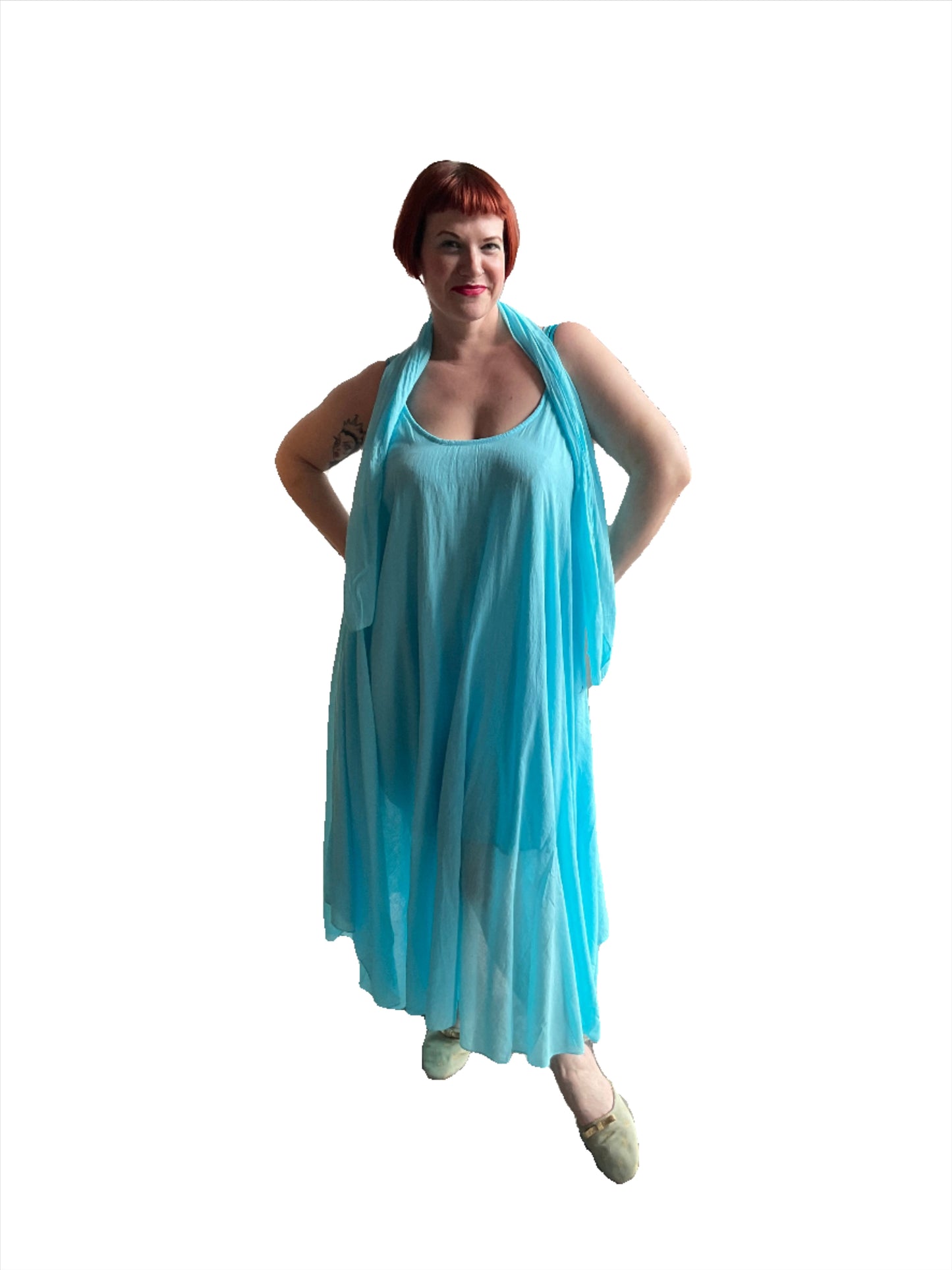 Lightweight Cotton Dress with scarf in Black and Turquoise By Eternelle - XS-XL(++)