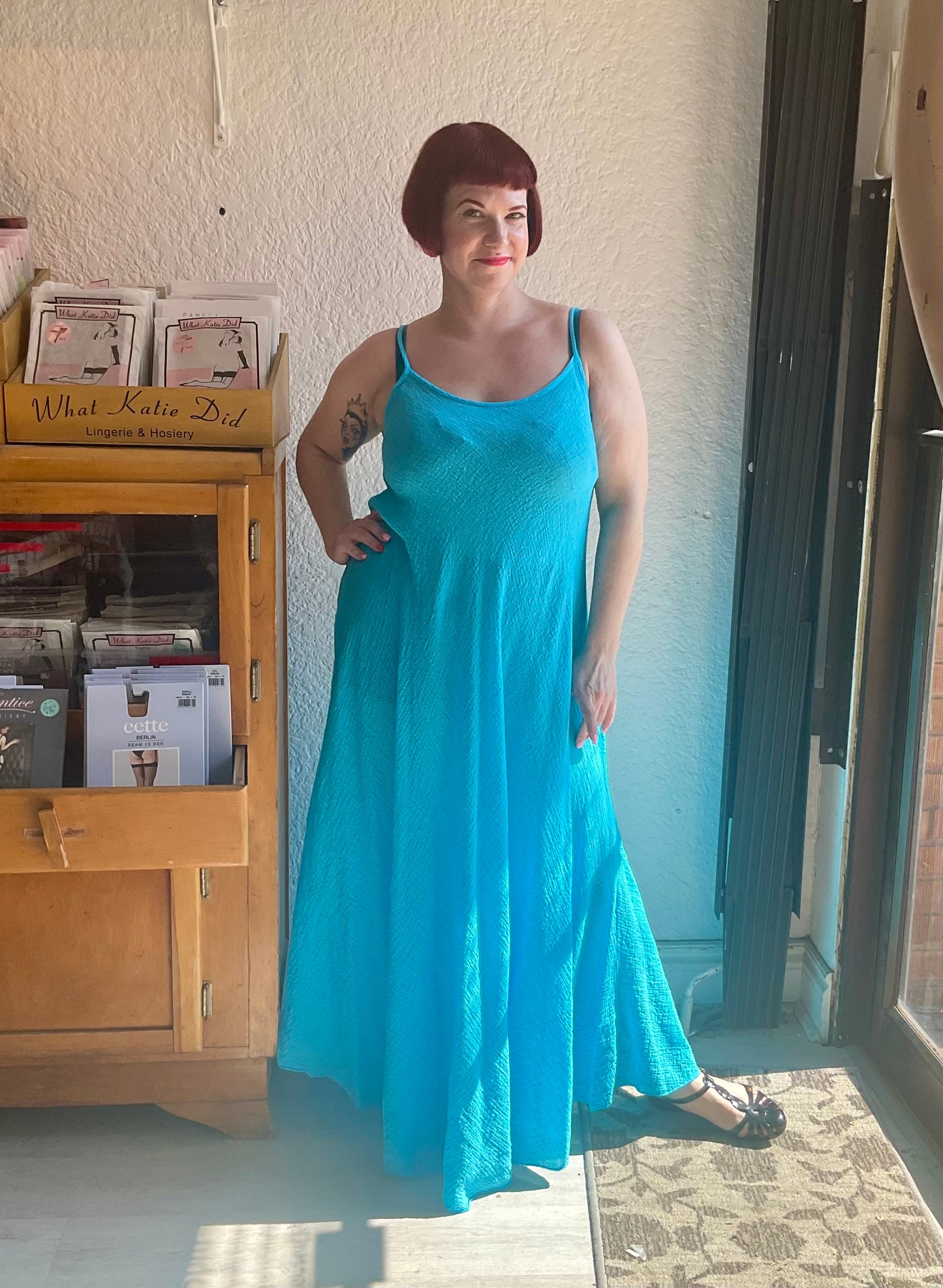 Crinkle Cotton Long Dress in Fuchsia, Turquoise & Denim By Eternelle - S-XL(++)