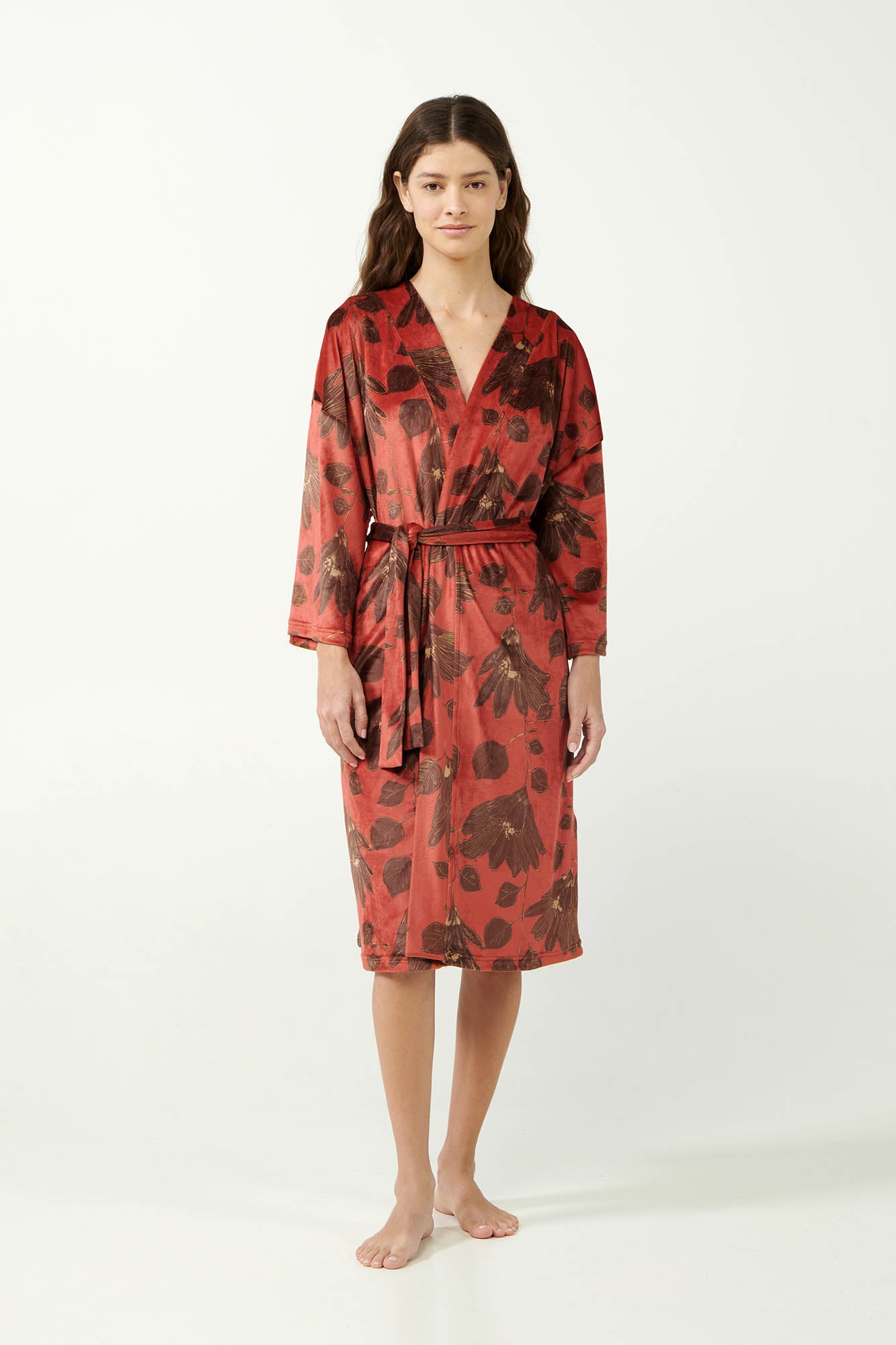 Red Nova Lily Print Velvet Robe / Dressing Gown By Vamp - S-3XL