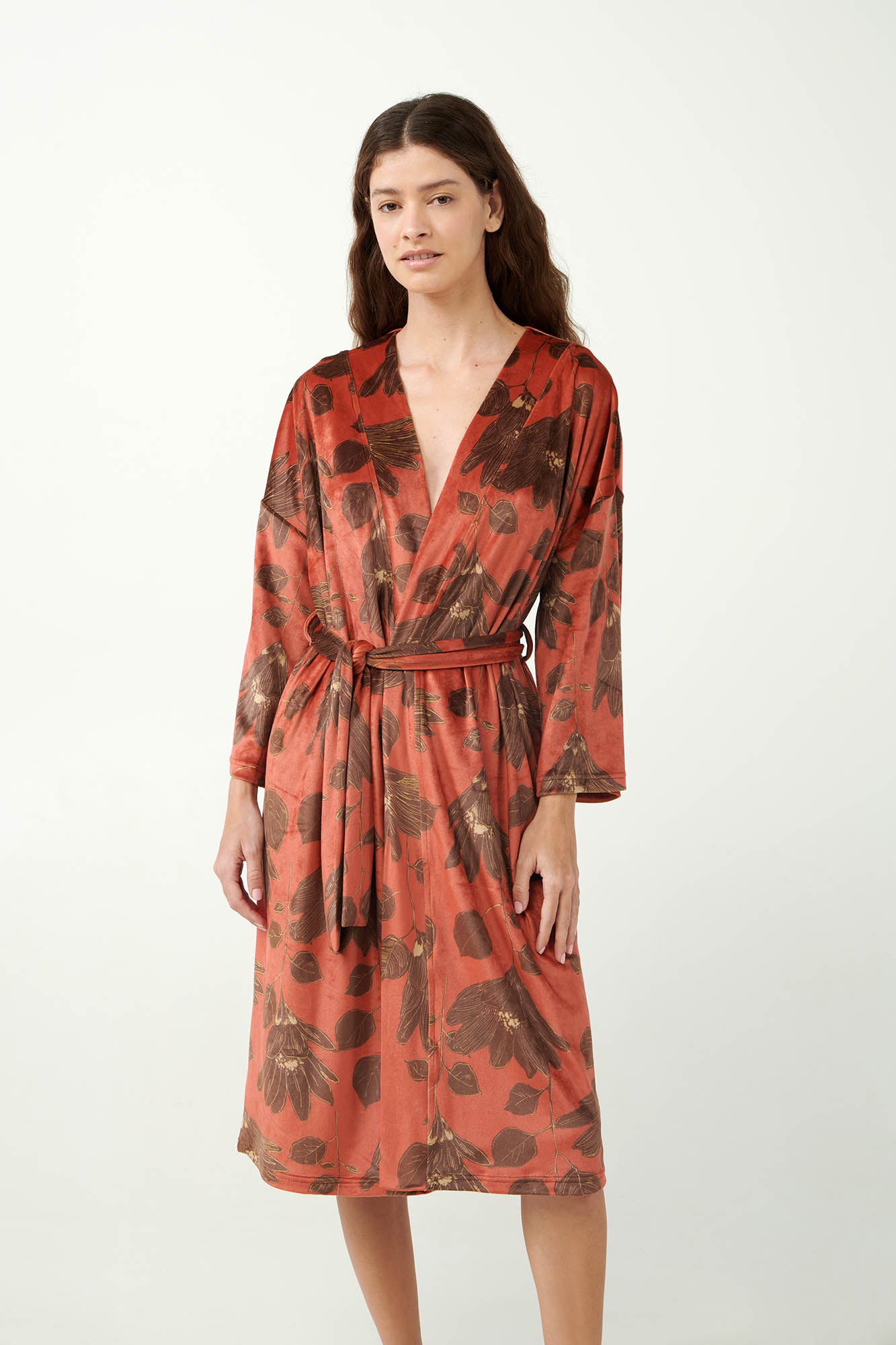 Red Nova Lily Print Velvet Robe / Dressing Gown By Vamp - S-3XL
