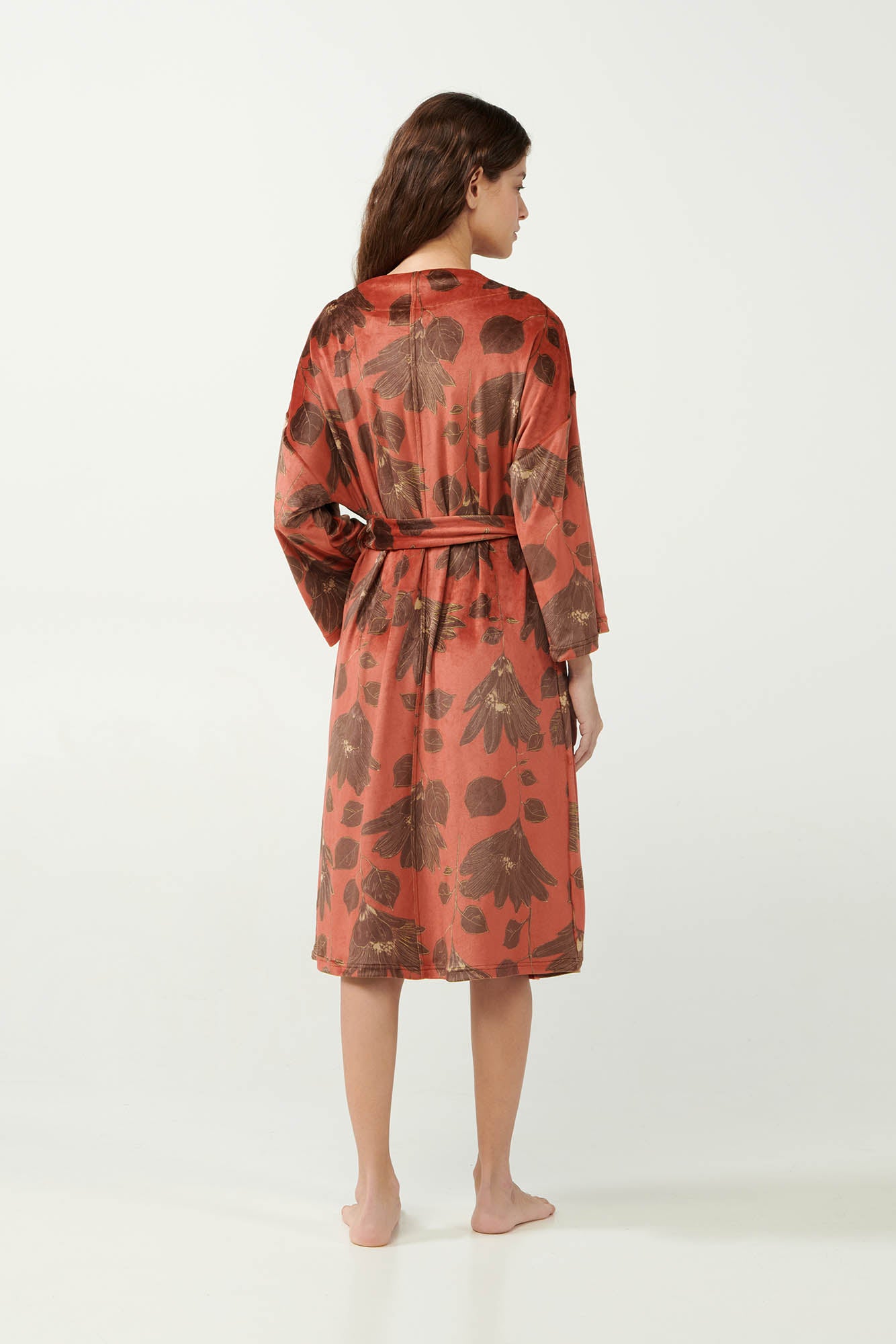 Red Nova Lily Print Velvet Robe / Dressing Gown By Vamp - S-3XL