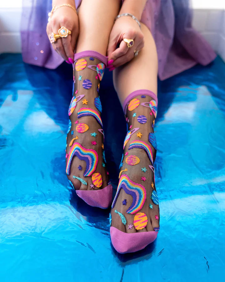 Pop Art Planets Black Sheer Sock By Sock Candy