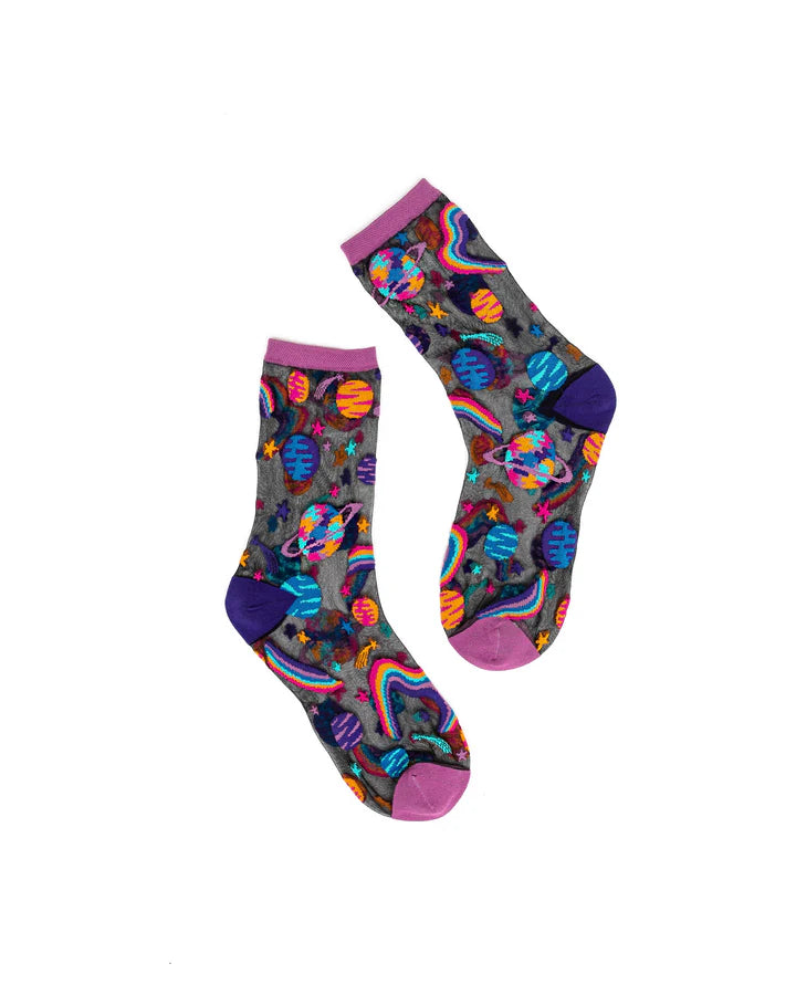 Pop Art Planets Black Sheer Sock By Sock Candy