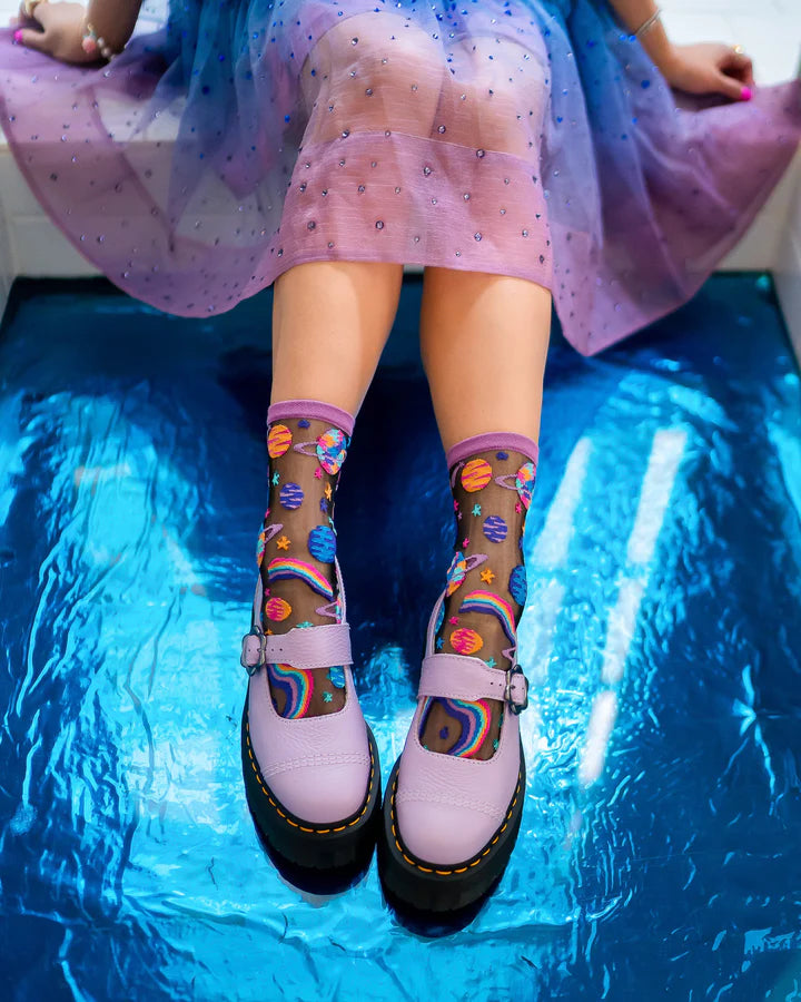 Pop Art Planets Black Sheer Sock By Sock Candy