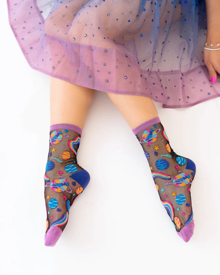 Pop Art Planets Black Sheer Sock By Sock Candy