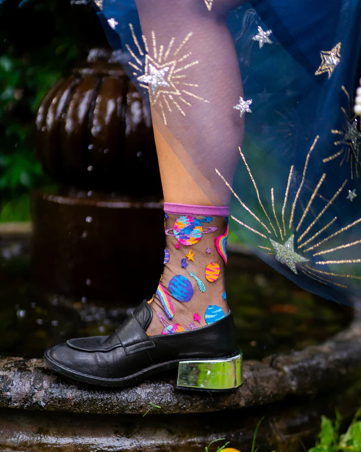 Pop Art Planets Black Sheer Sock By Sock Candy