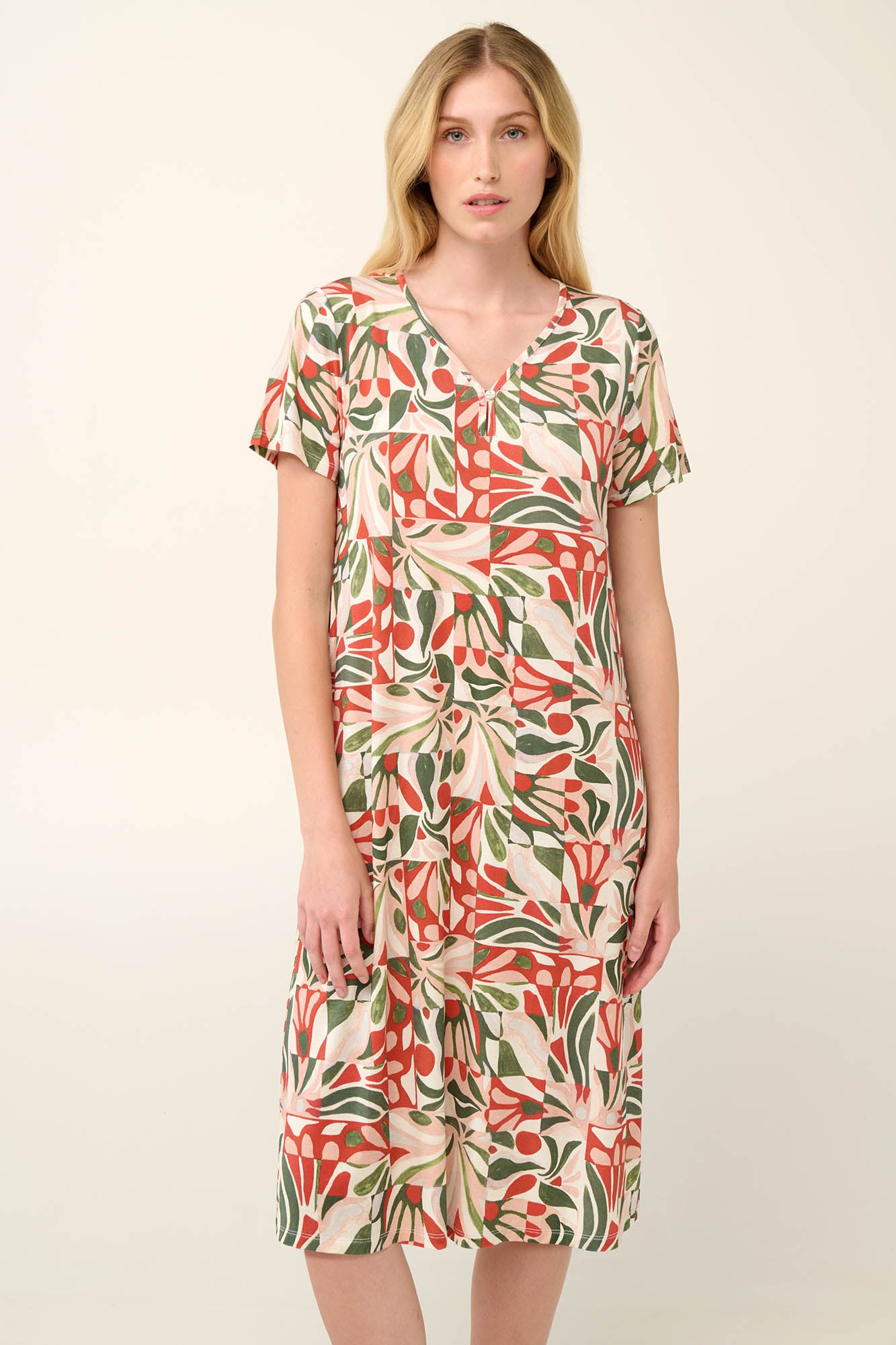 Short Sleeve Scicilian Tile Print Jersey Nightgown / Lounge Dress By Vamp - XL-4X