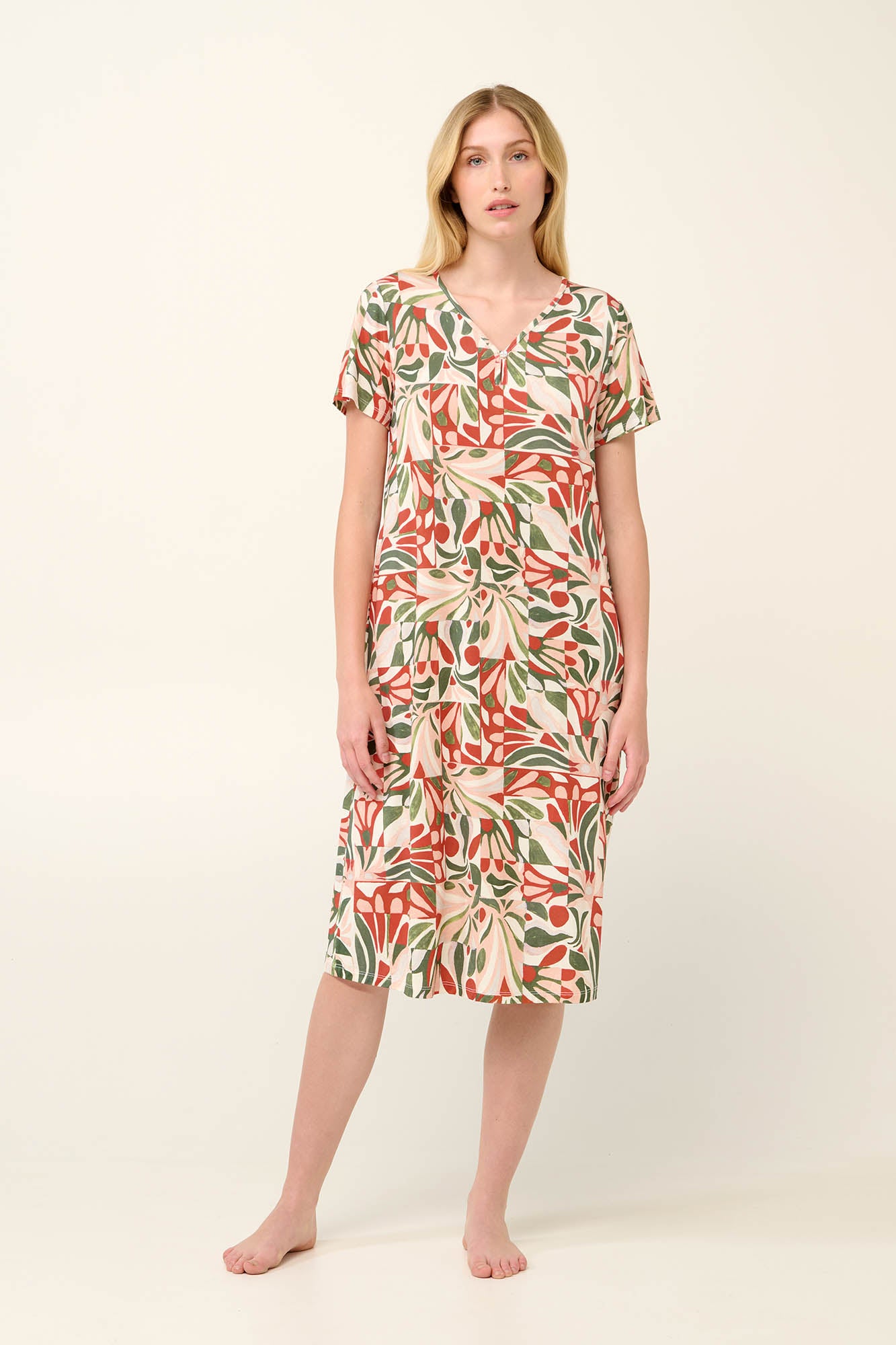 Short Sleeve Scicilian Tile Print Jersey Nightgown / Lounge Dress By Vamp - XL-4X