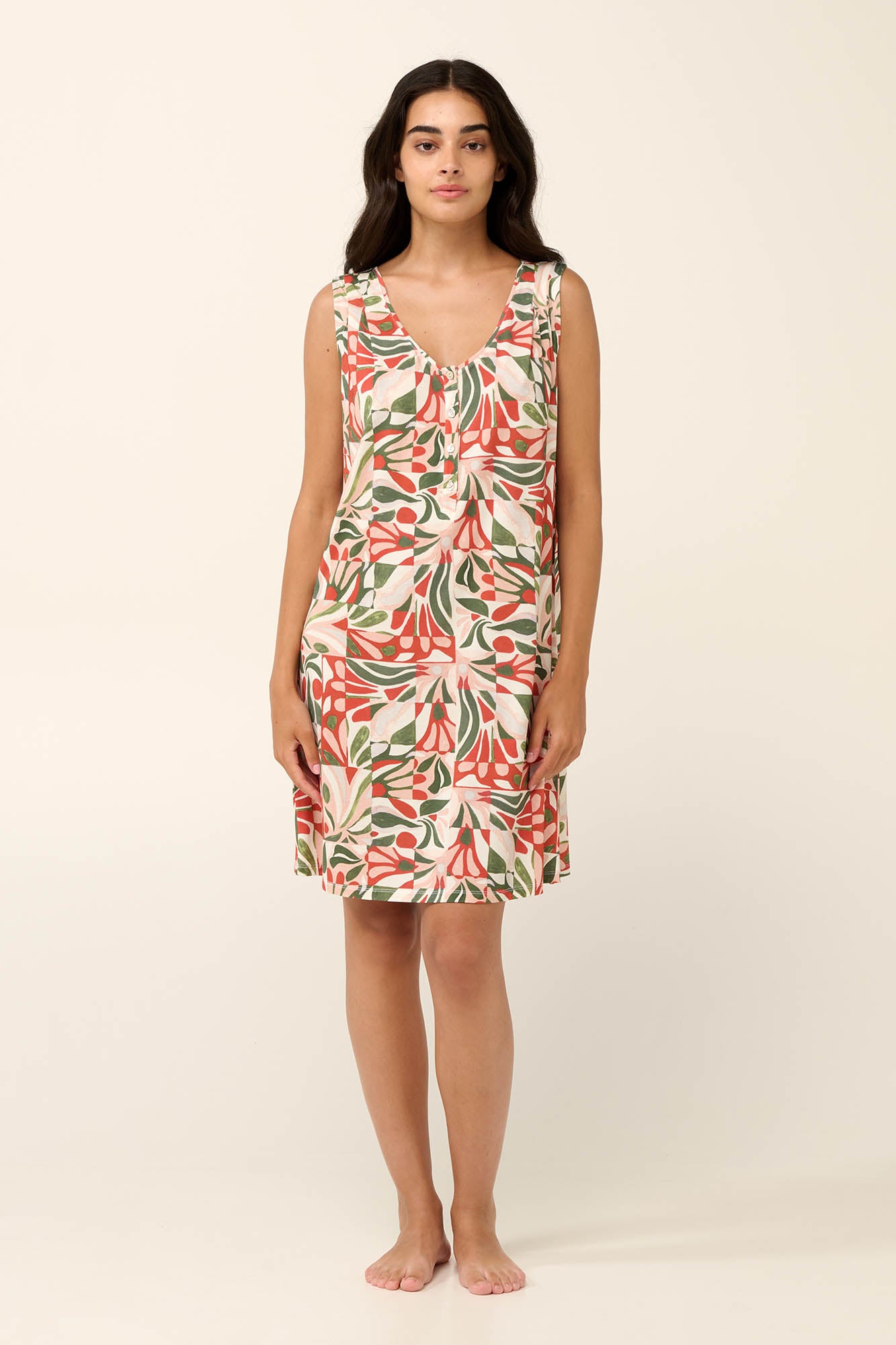 V-Neck Sleeveless Scicilian Tile Print Jersey Nightgown / Lounge Dress By Vamp - S-2XL