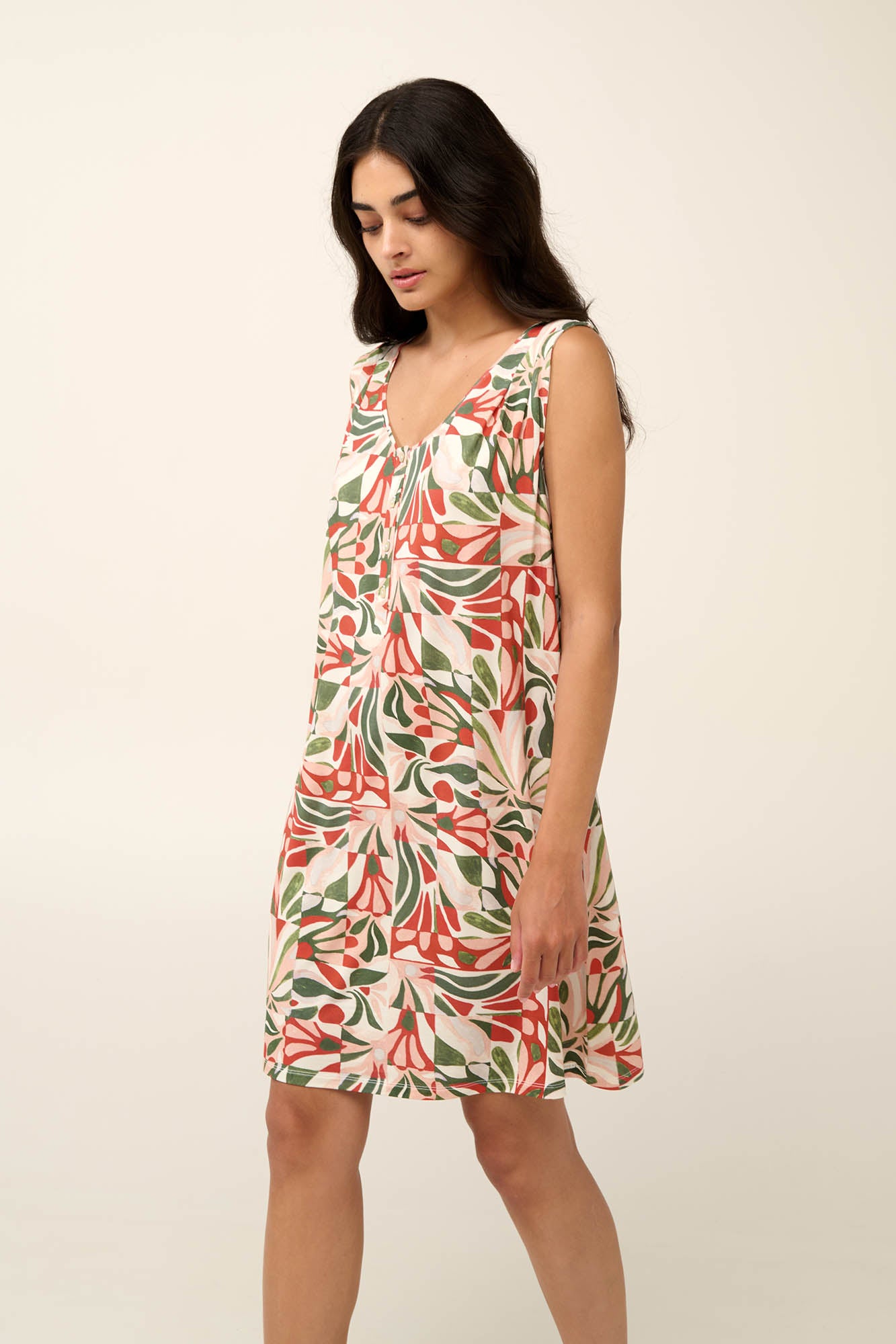 V-Neck Sleeveless Scicilian Tile Print Jersey Nightgown / Lounge Dress By Vamp - S-2XL