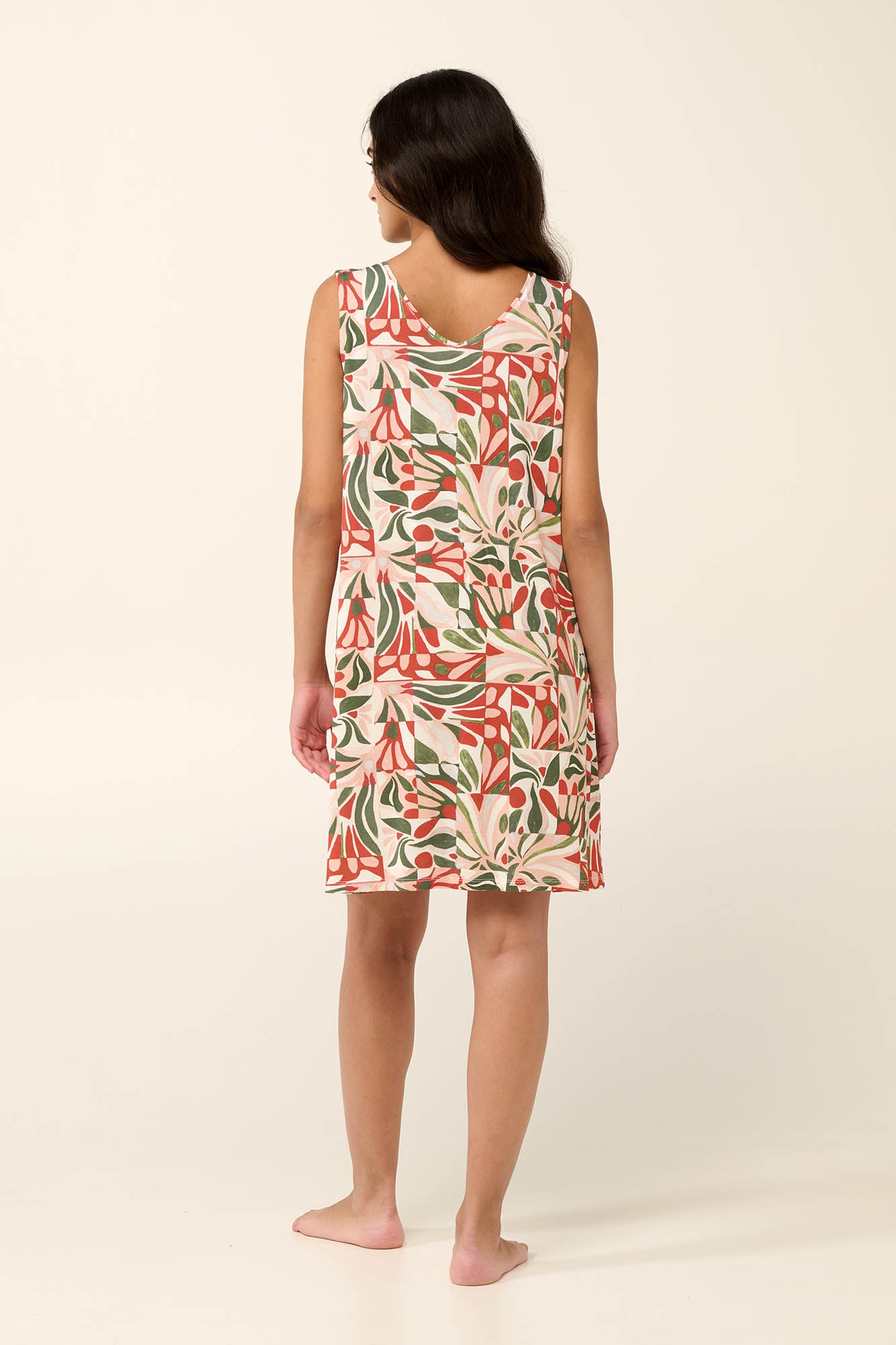 V-Neck Sleeveless Scicilian Tile Print Jersey Nightgown / Lounge Dress By Vamp - S-2XL