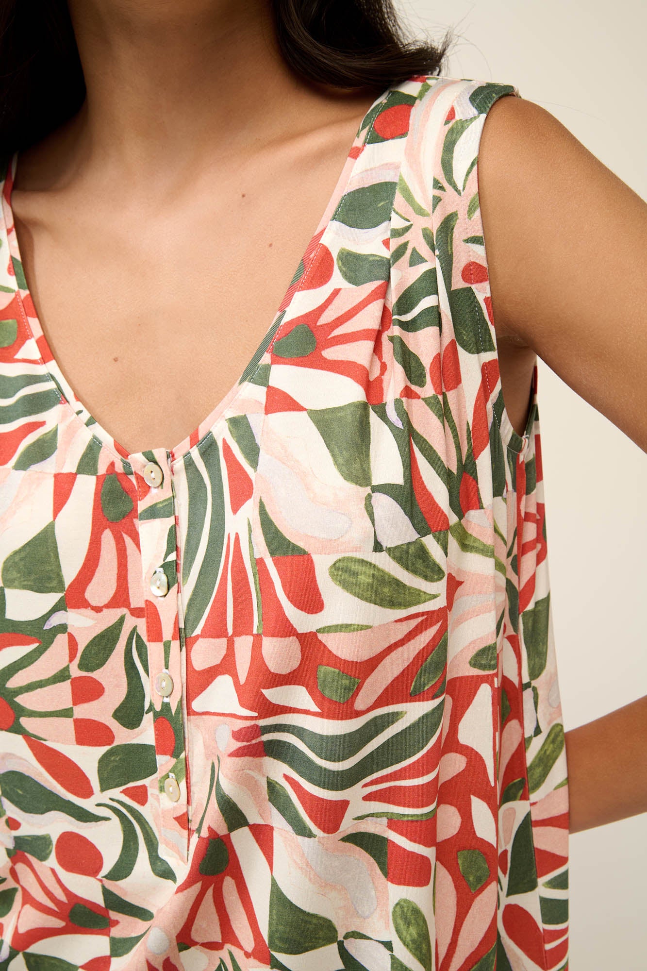 V-Neck Sleeveless Scicilian Tile Print Jersey Nightgown / Lounge Dress By Vamp - S-2XL