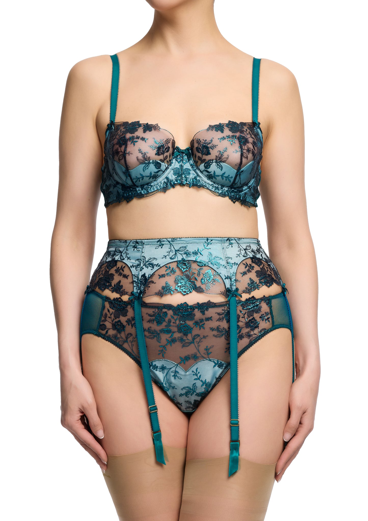 Victress Foil Six Strap Suspender Belt in "Kingfisher Blue" By Dita Von Teese Lingerie - sizes XS-L