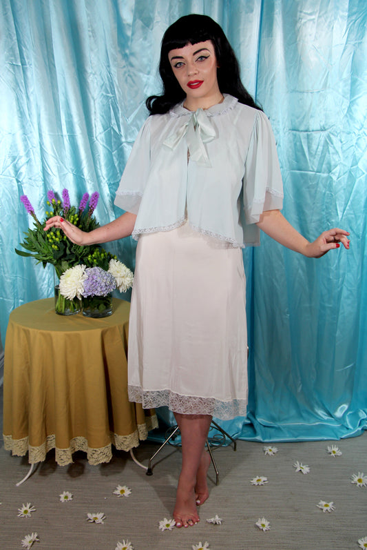 #167 1950's Baby Blue Nylon and Lace Bedjacket by Rogers - S/M/L+