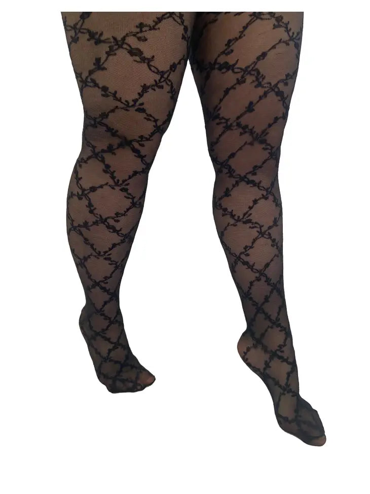 Floral Criss Cross Pattern Tights - XL-4X (Long!)