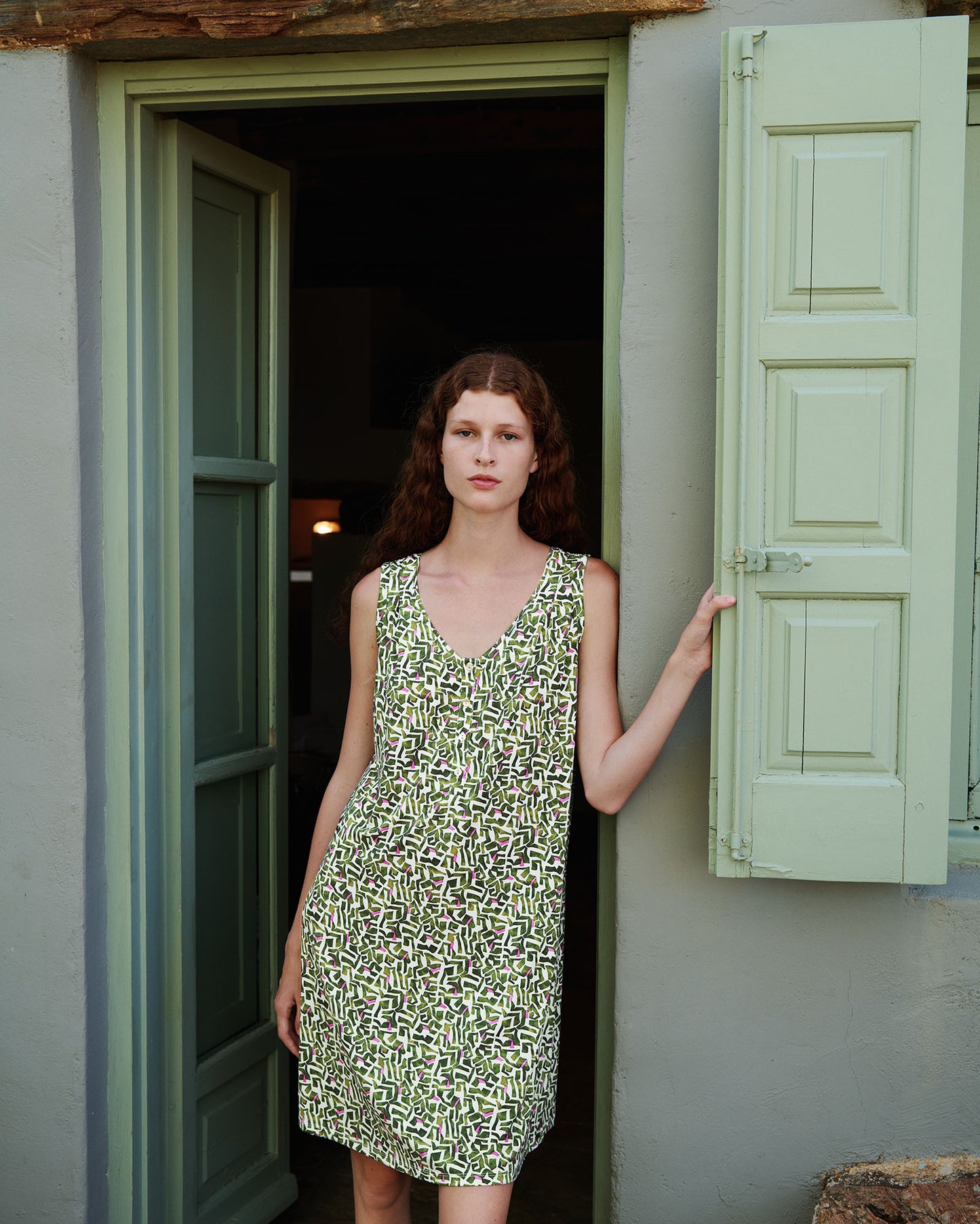 V-Neck Sleeveless Geometric Jersey Nightgown / Lounge Dress By Vamp - S-2XL