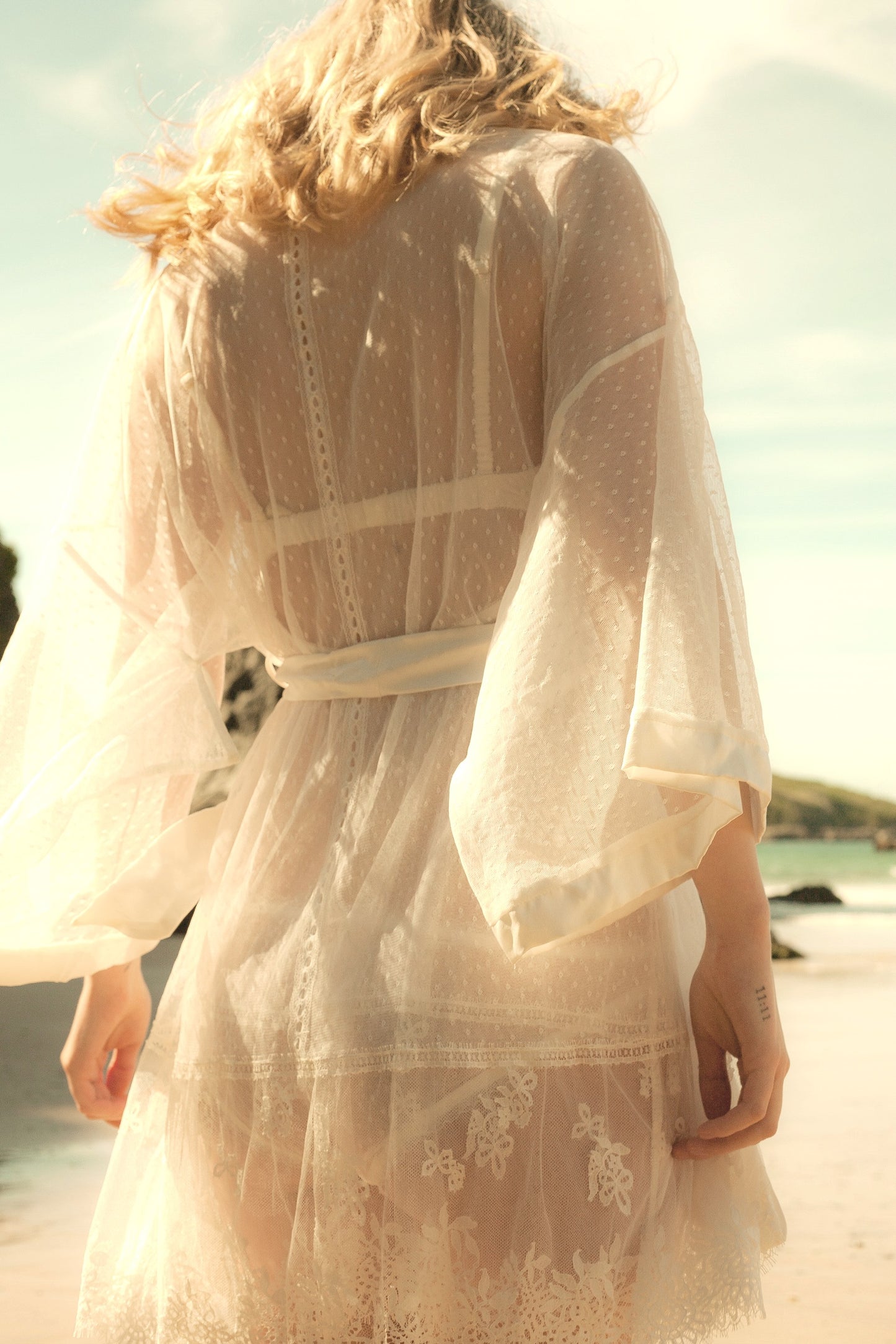 Darling Silk & Lace Kimono in Ivory By Shell Belle Couture - S-XL