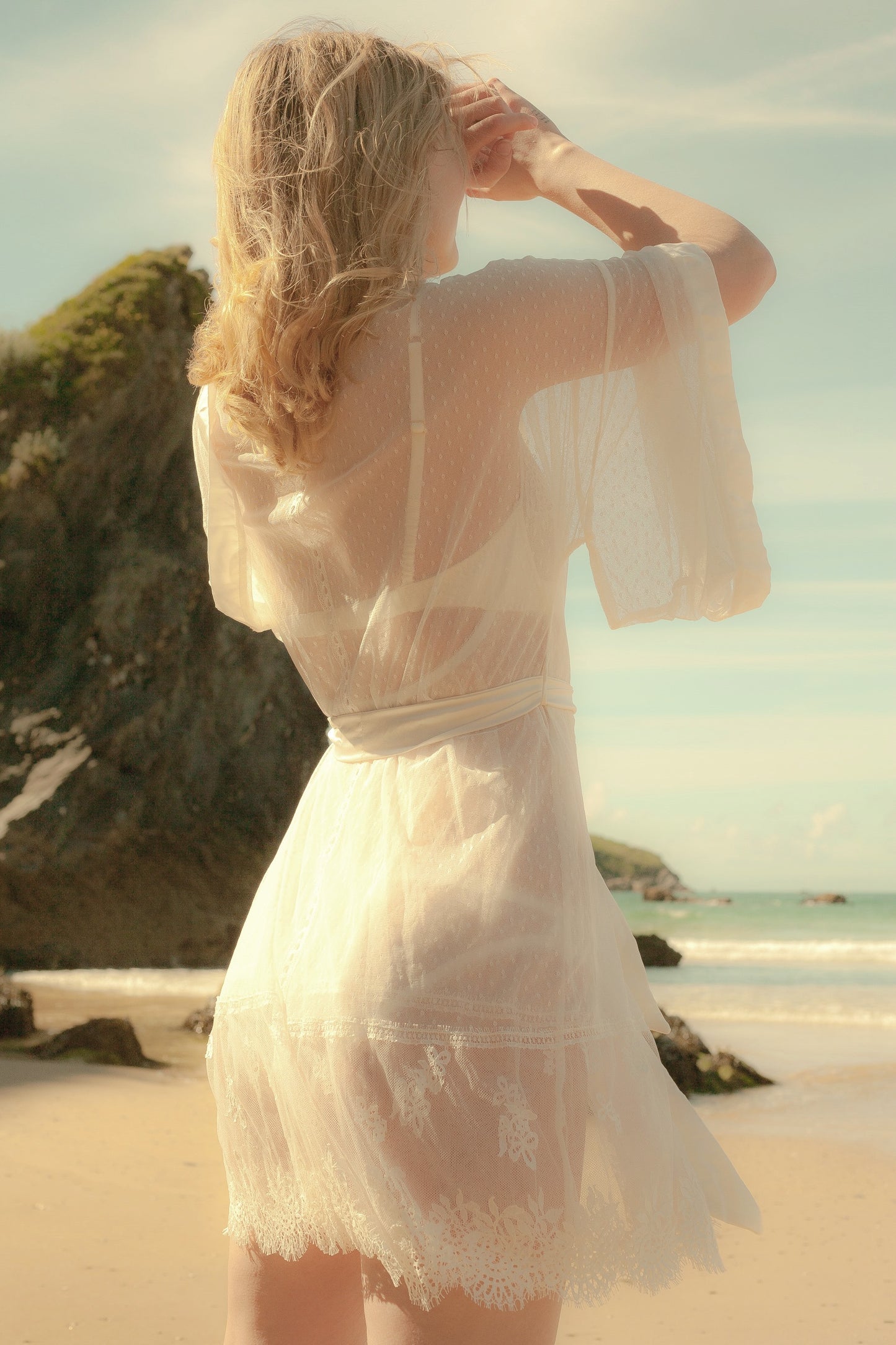 Darling Silk & Lace Kimono in Ivory By Shell Belle Couture - S-XL