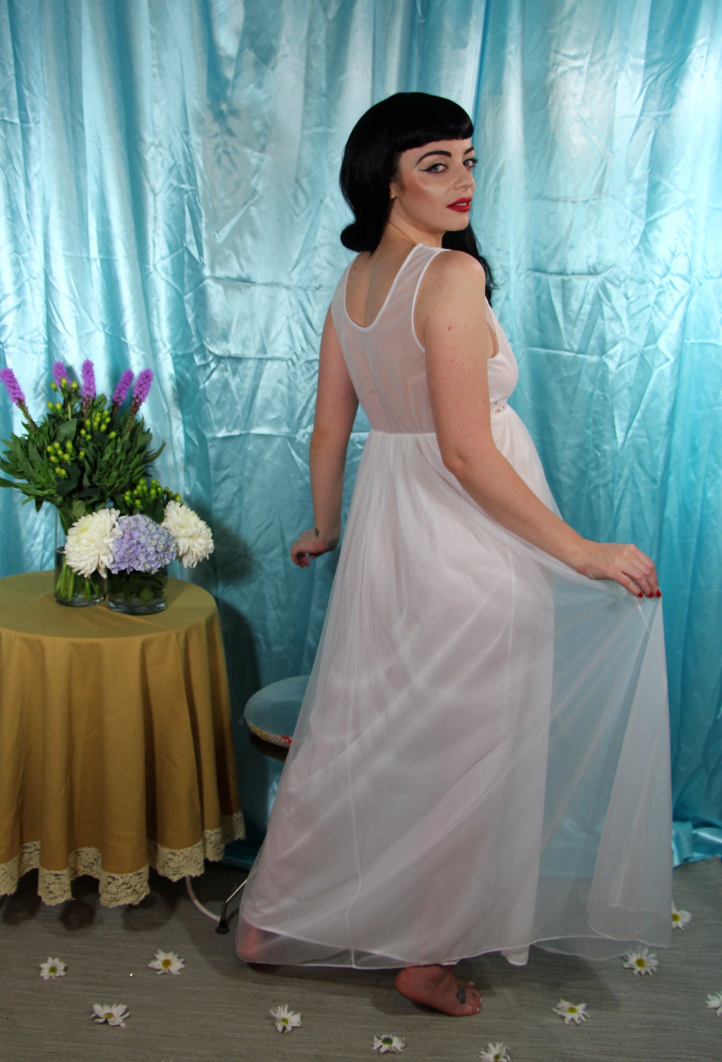 #168 1960's White Nylon and Lace Peignoir Robe and Nightgown Set By Lov'lee - M/L+