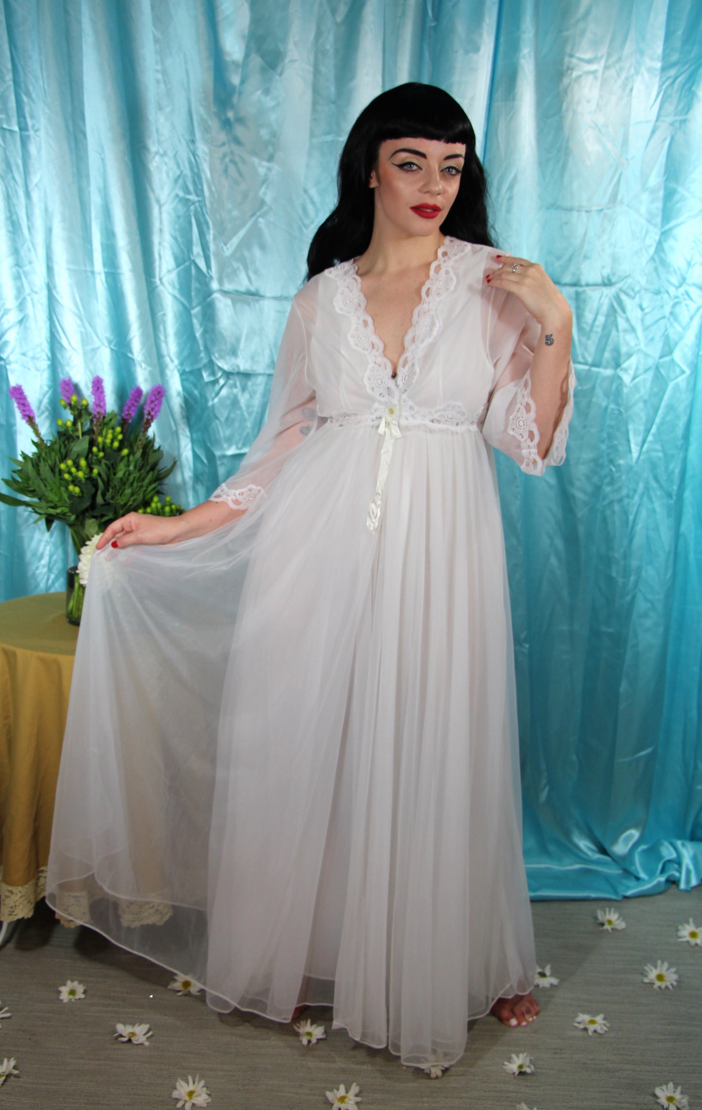 #168 1960's White Nylon and Lace Peignoir Robe and Nightgown Set By Lov'lee - M/L+