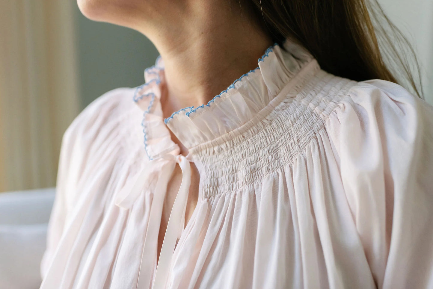 Wendy Cotton Nightgown in Pink with Blue Contrast By Lenora - S-XL