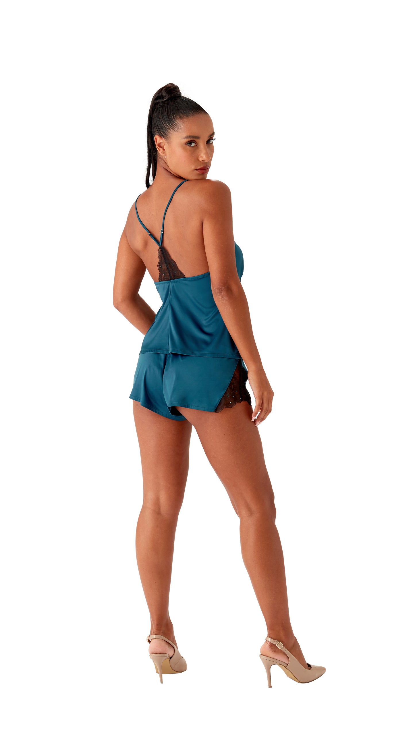 VIP Confession Satin Cami Top in Teal/Black By Gossard - S