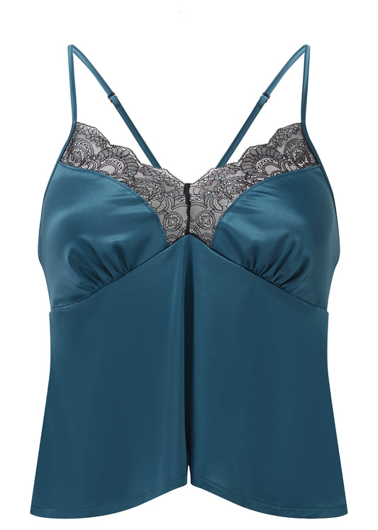 VIP Confession Satin Cami Top in Teal/Black By Gossard - XS-L