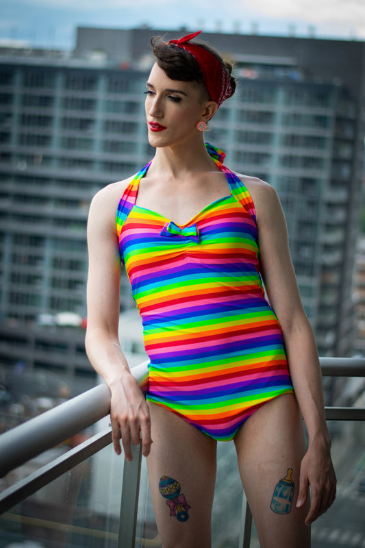 Rainbow Stripe Swimsuit by Red Dolly - size M