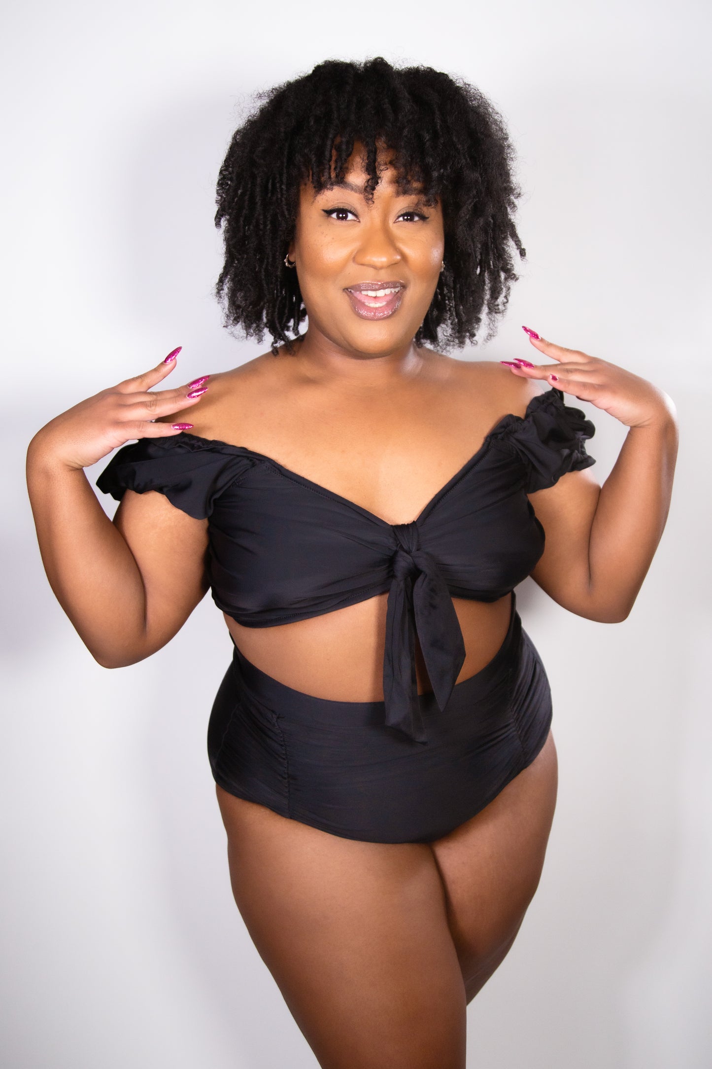 Ruffled and Ruched Black Bikini By Unique Vintage - sizes XS-3X