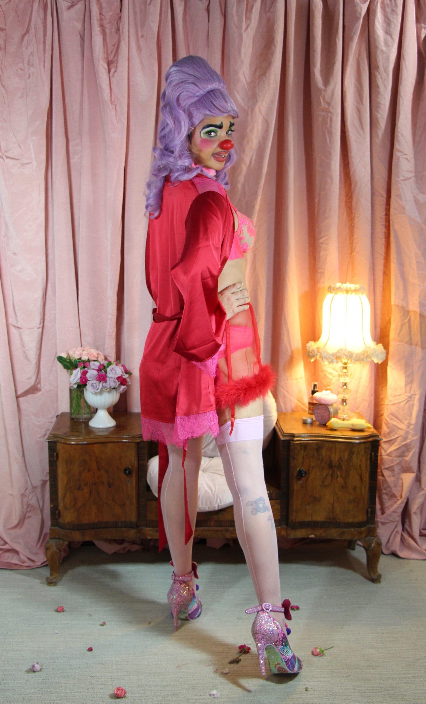 Satin + Lace Short Robe In Lipstick Red / Hot Pink - S-XXXL