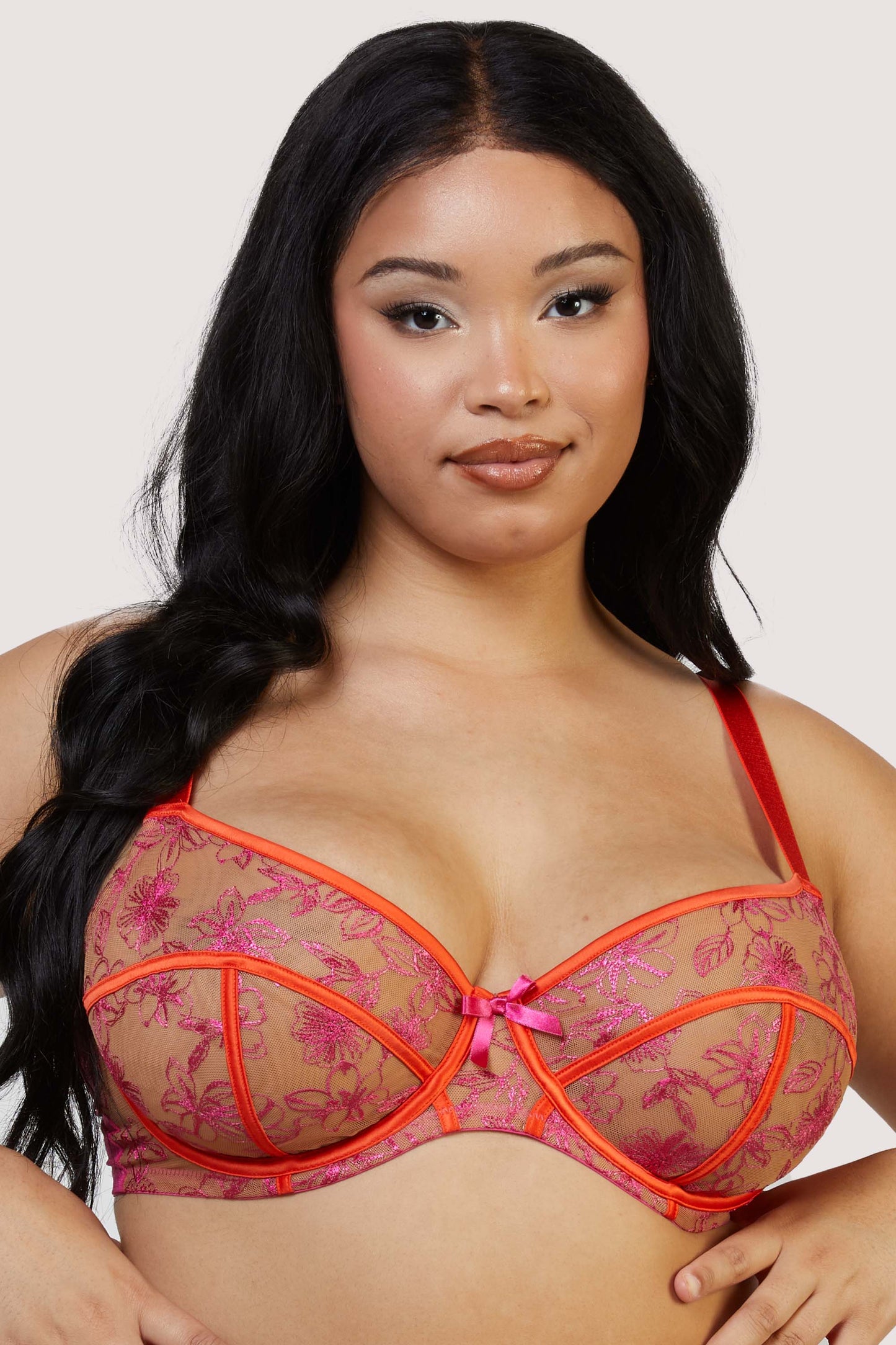 Olivia Pink Contrast Embroidery Balconette Bra - 30-40 bands and D-G cups (UK size)