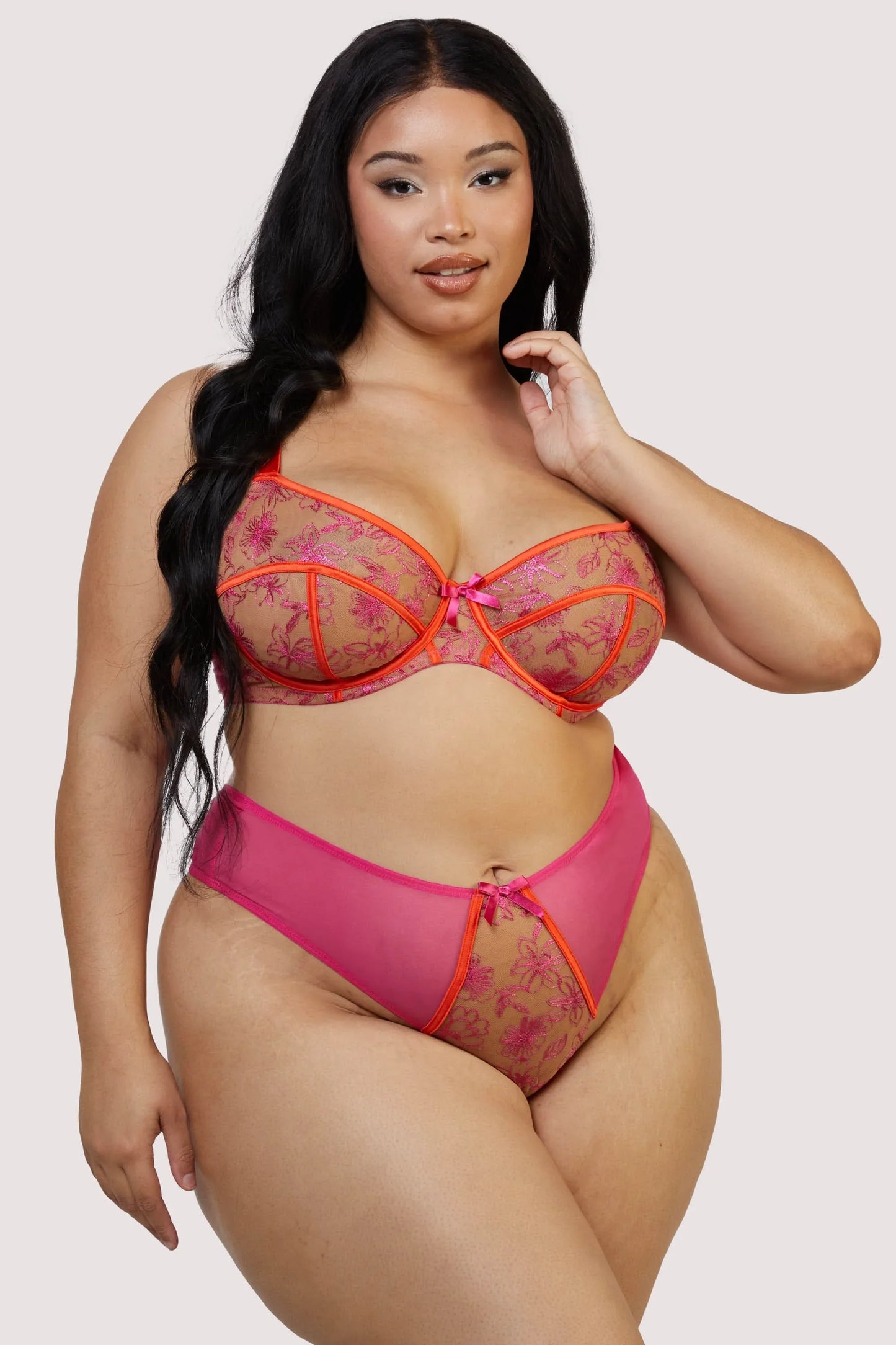 Olivia Pink Contrast Embroidery Balconette Bra - 30-40 bands and D-G cups (UK size)
