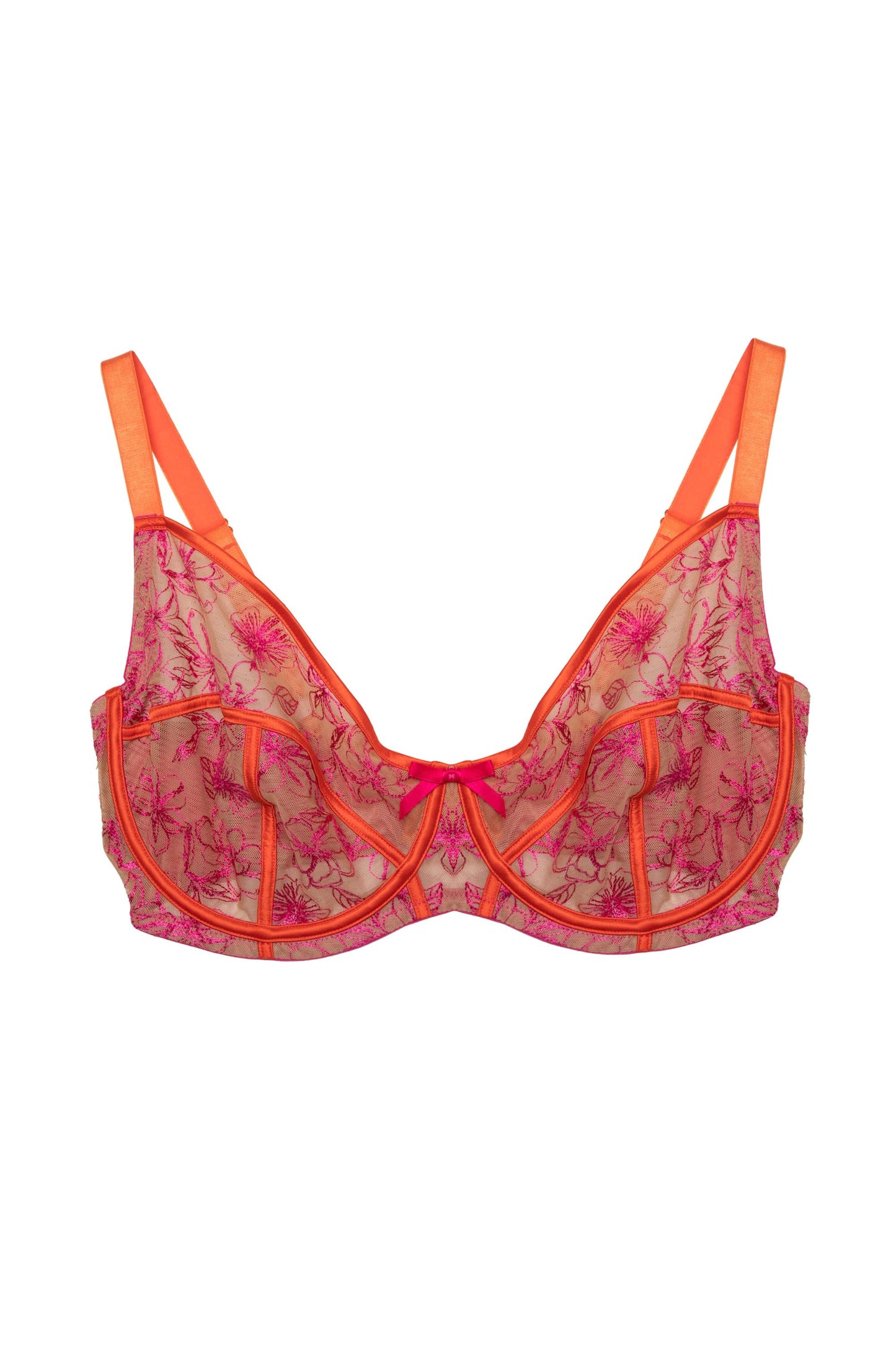 Olivia Pink Contrast Embroidery Balconette Bra - 30-40 bands and D-G cups (UK size)