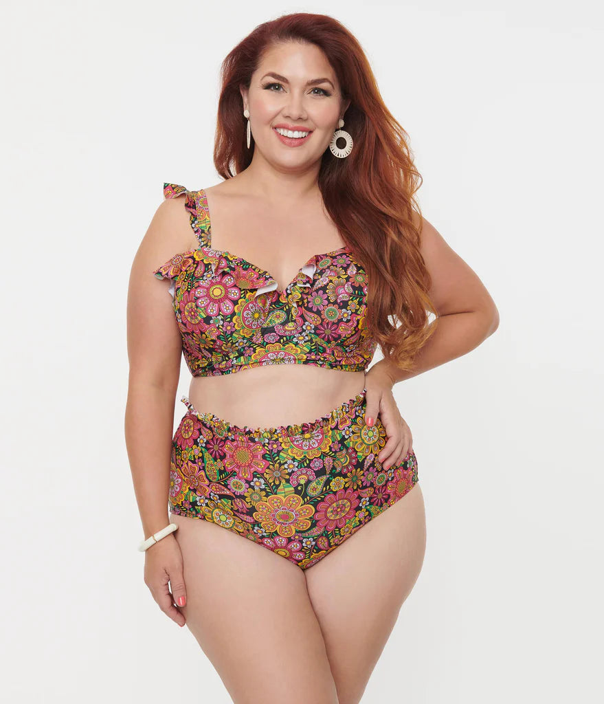 Kaleidoscope Floral Ruffle High Waist Bikini By Unique Vintage - S-3X