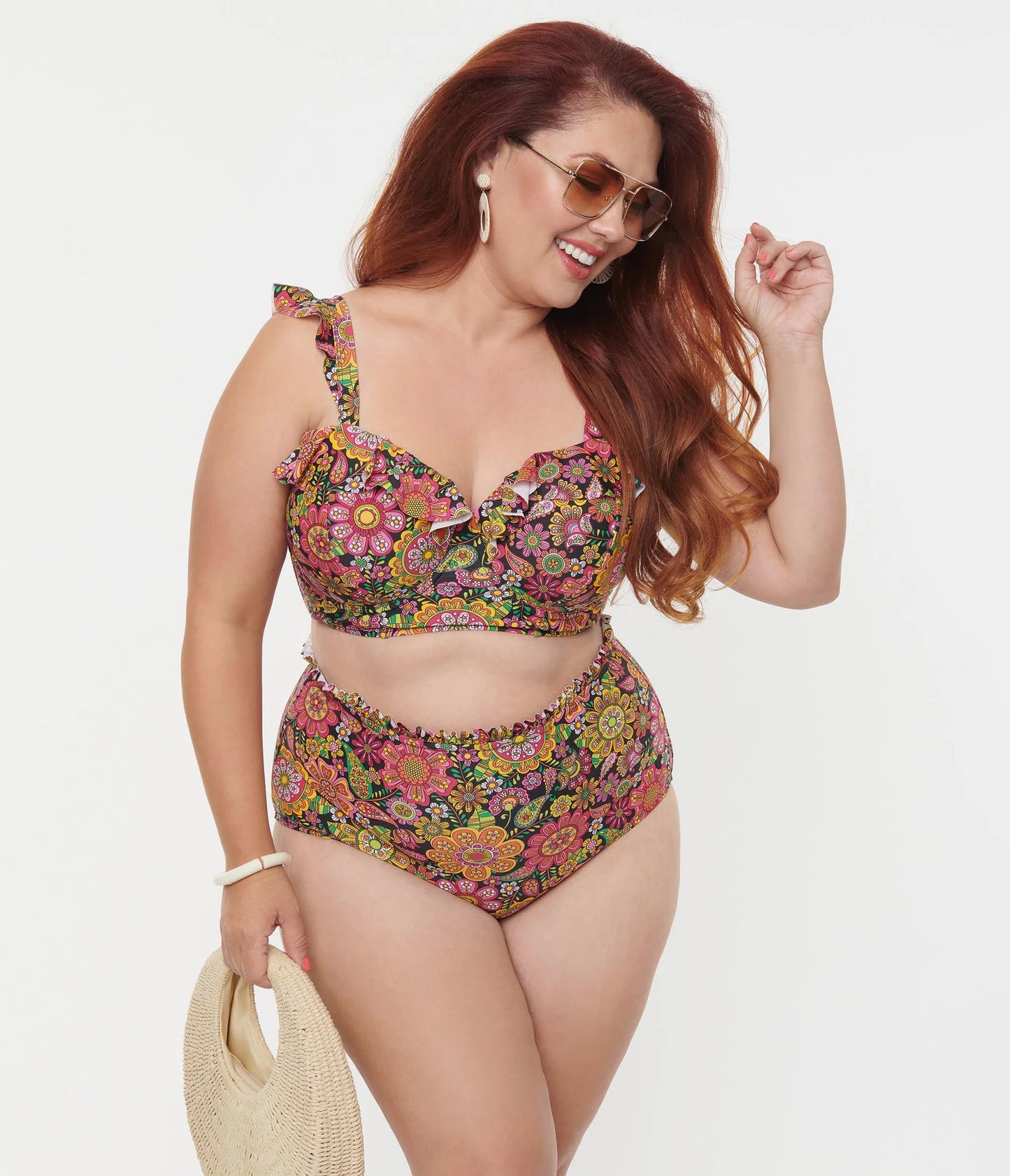 Kaleidoscope Floral Ruffle High Waist Bikini By Unique Vintage - S-3X