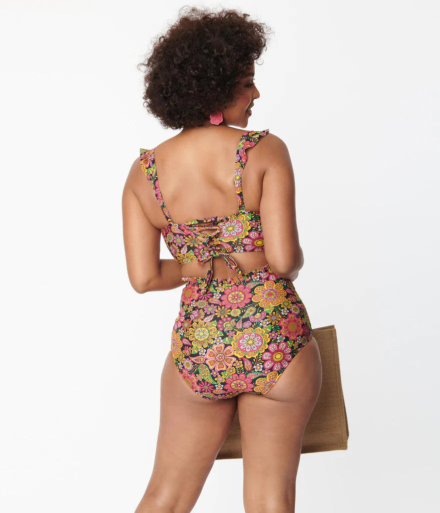 Kaleidoscope Floral Ruffle High Waist Bikini By Unique Vintage - S-3X