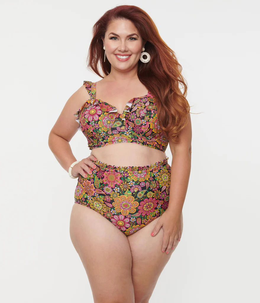 Kaleidoscope Floral Ruffle High Waist Bikini By Unique Vintage - S-3X